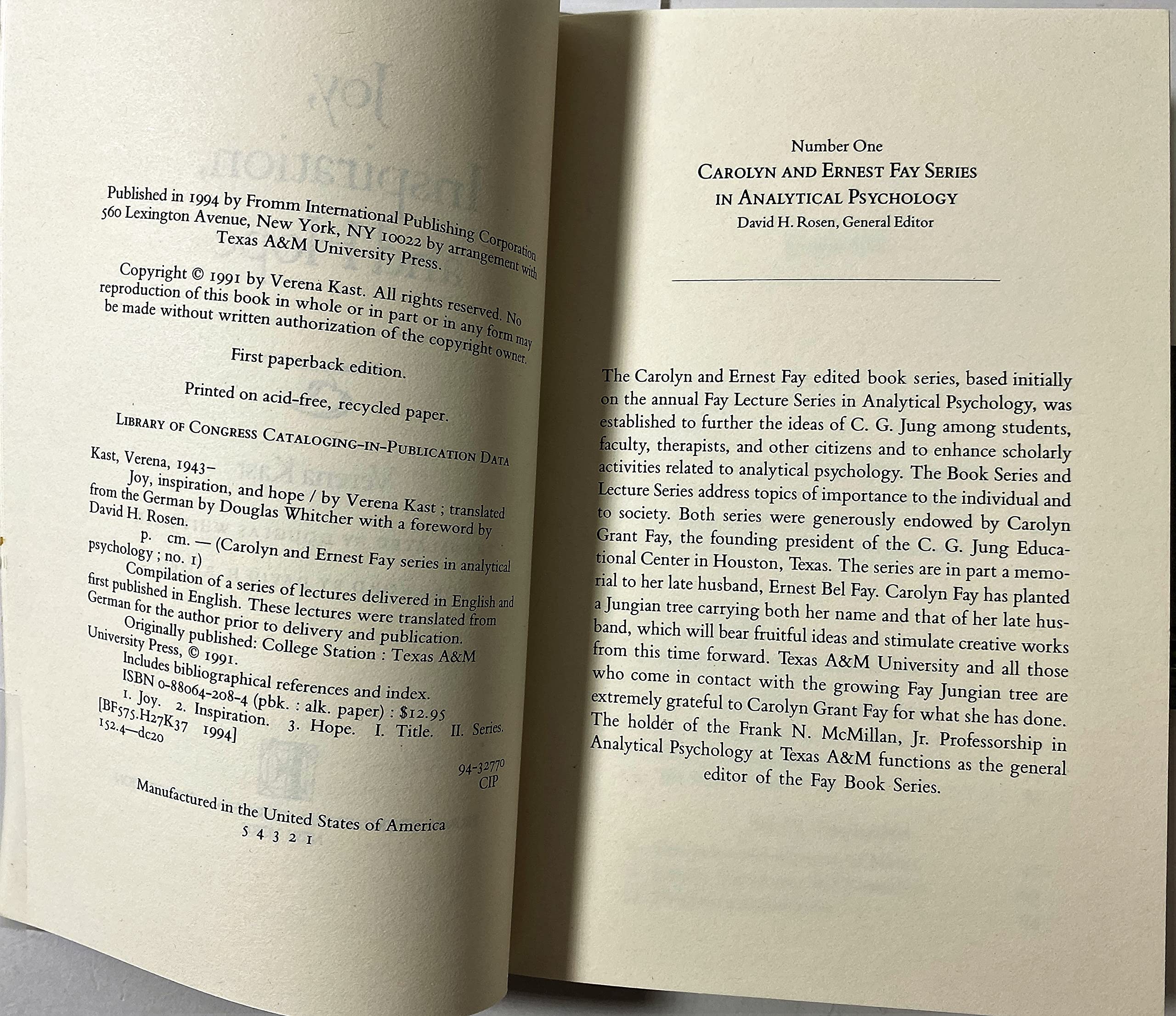 Joy, Inspiration, And Hope (Carolyn And Ernest Fay Series In Analytical Psychology)-new