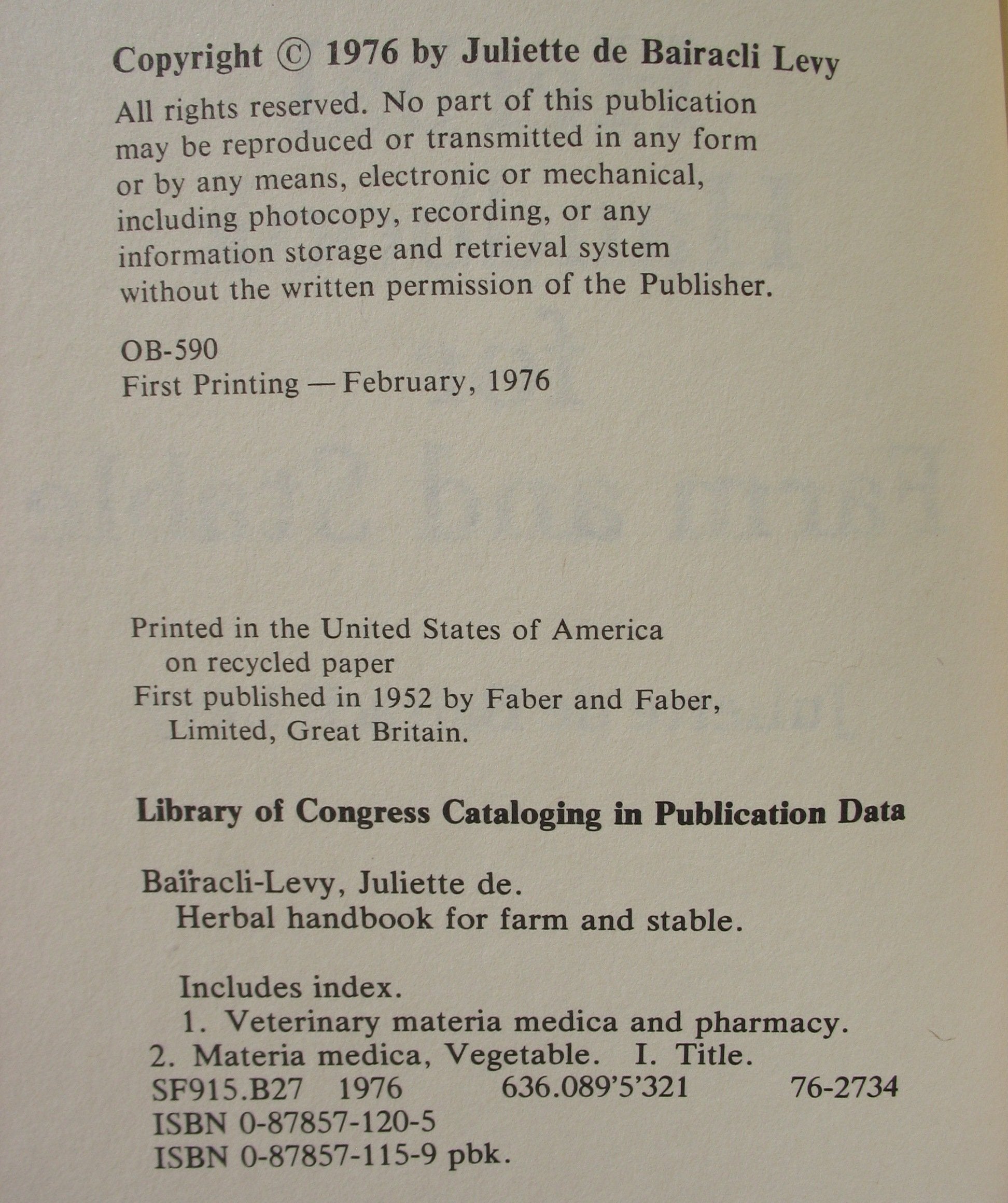 Herbal Handbook for Farm and Stable,New