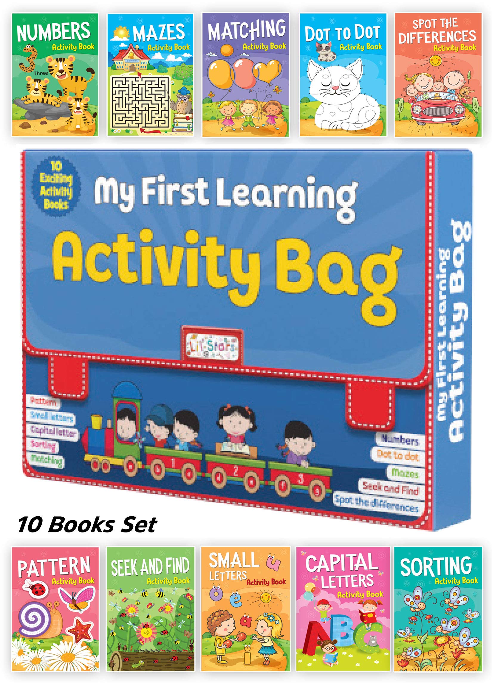 My First Learning Activity Bag | Set Of 10 Exciting Brain Activity Books | Interactive Fun Activities And Exercise For Kids & Children