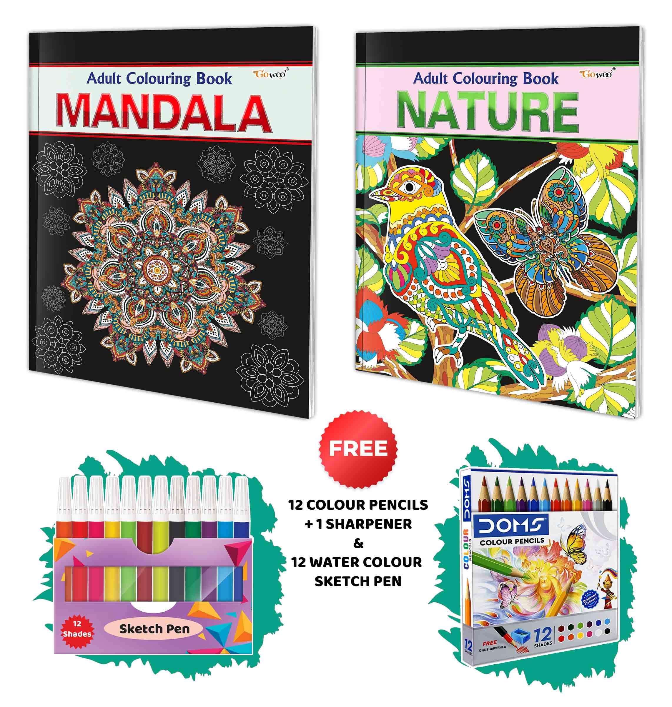 Mandala And Nature - Adult Colouring Book With 12 Water Colour Sketch Pens And 12 Colour Pencils + 1 Sharpener : Relaxing Art Coloring Book, Creative Art Therapy Book | Pack Of 2 Adult Colouring Books