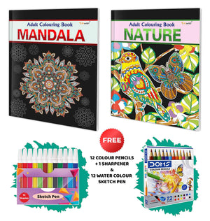 Mandala And Nature - Adult Colouring Book With 12 Water Colour Sketch Pens And 12 Colour Pencils + 1 Sharpener : Relaxing Art Coloring Book, Creative Art Therapy Book | Pack Of 2 Adult Colouring Books