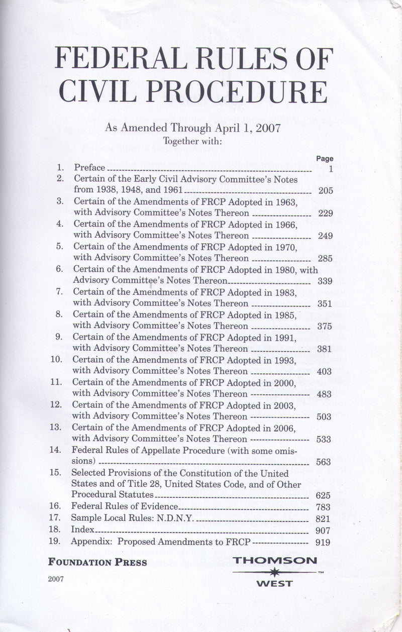 Federal Rules of Civil Procedure and Selected Other Procedural Provisions,Used