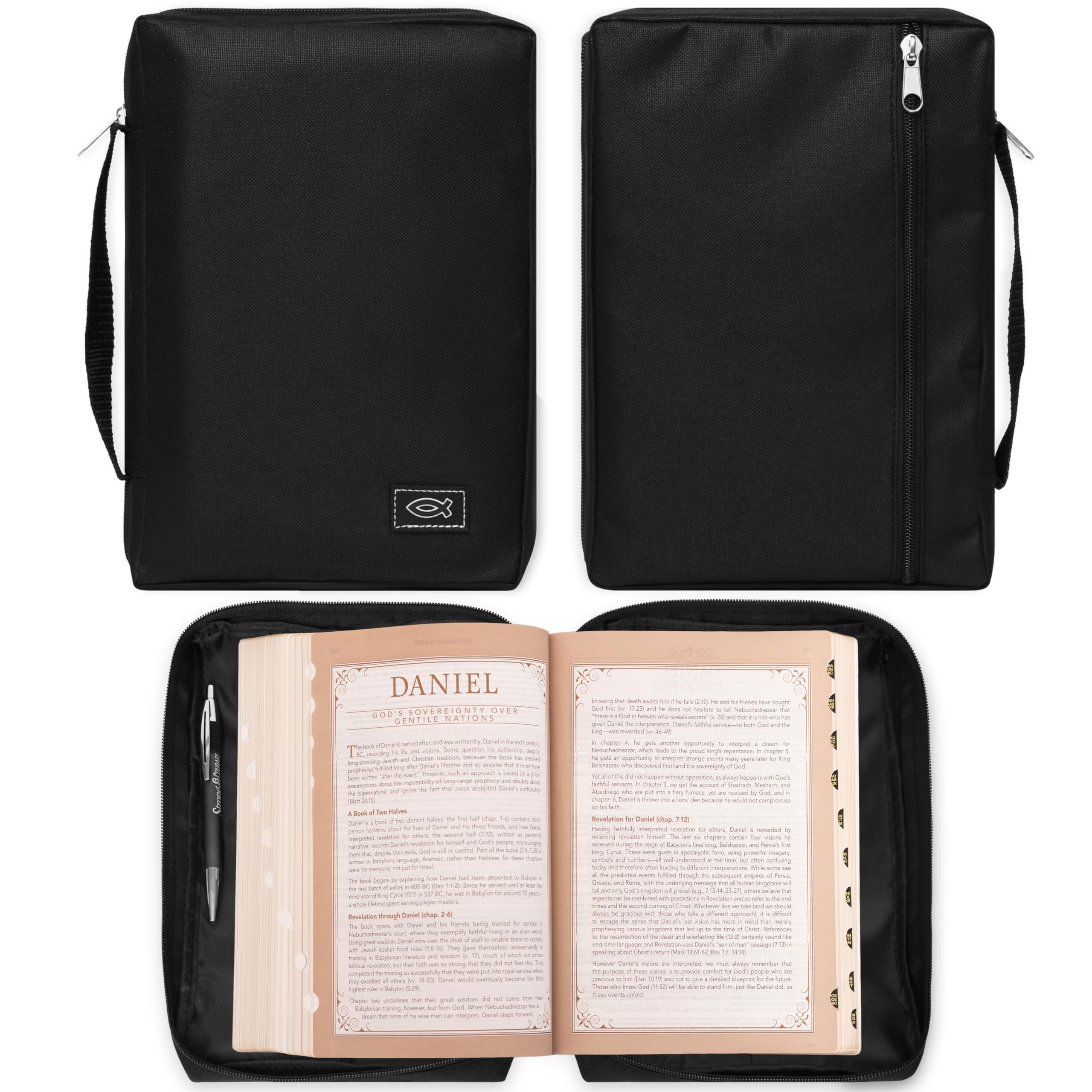 Christian Art Gifts Men/Women's Bible Cover Jesus Fish, Black Canvas, XS,New