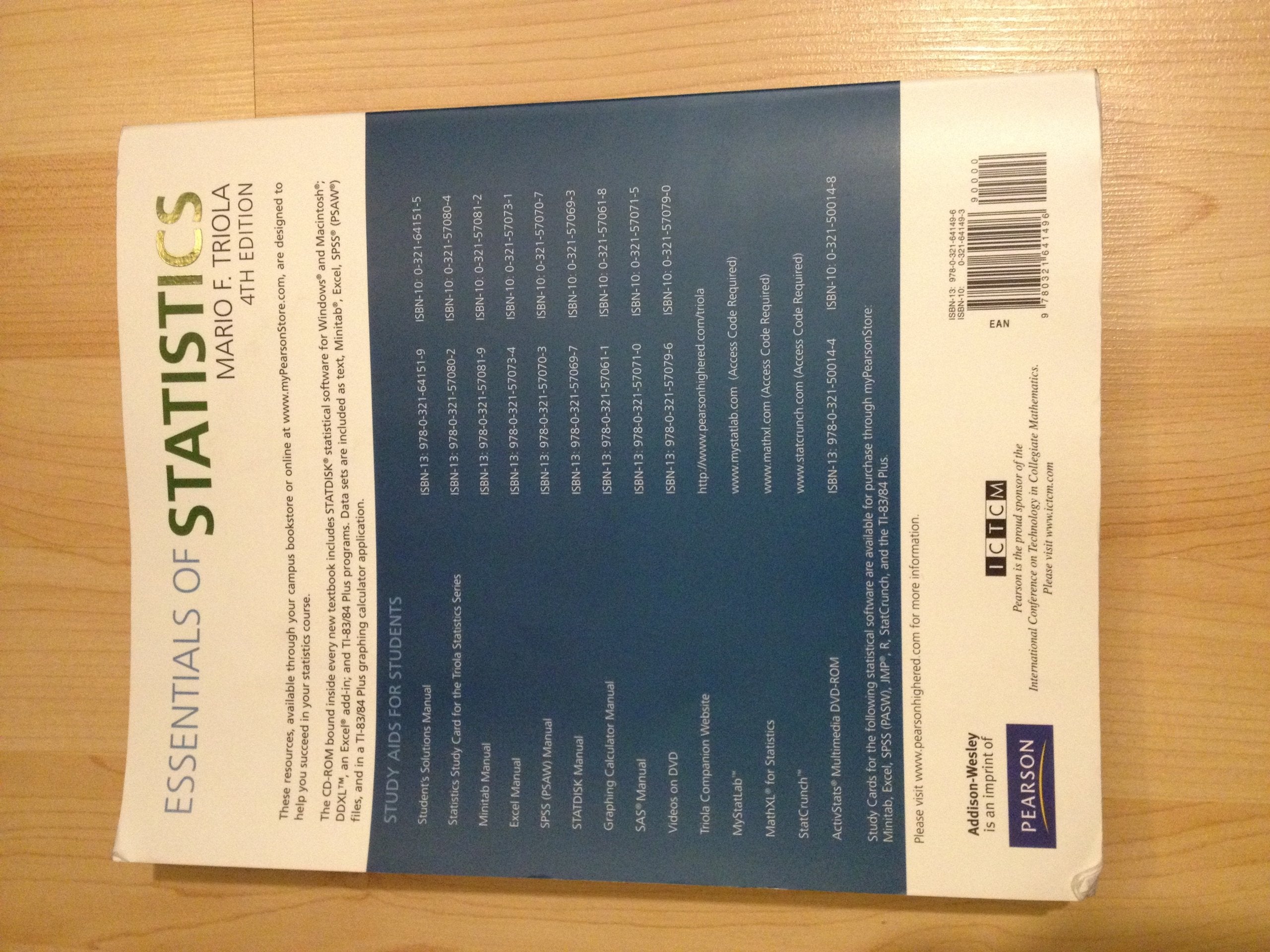 Essentials of Statistics (4th Edition) (Triola Statistics Series),Used