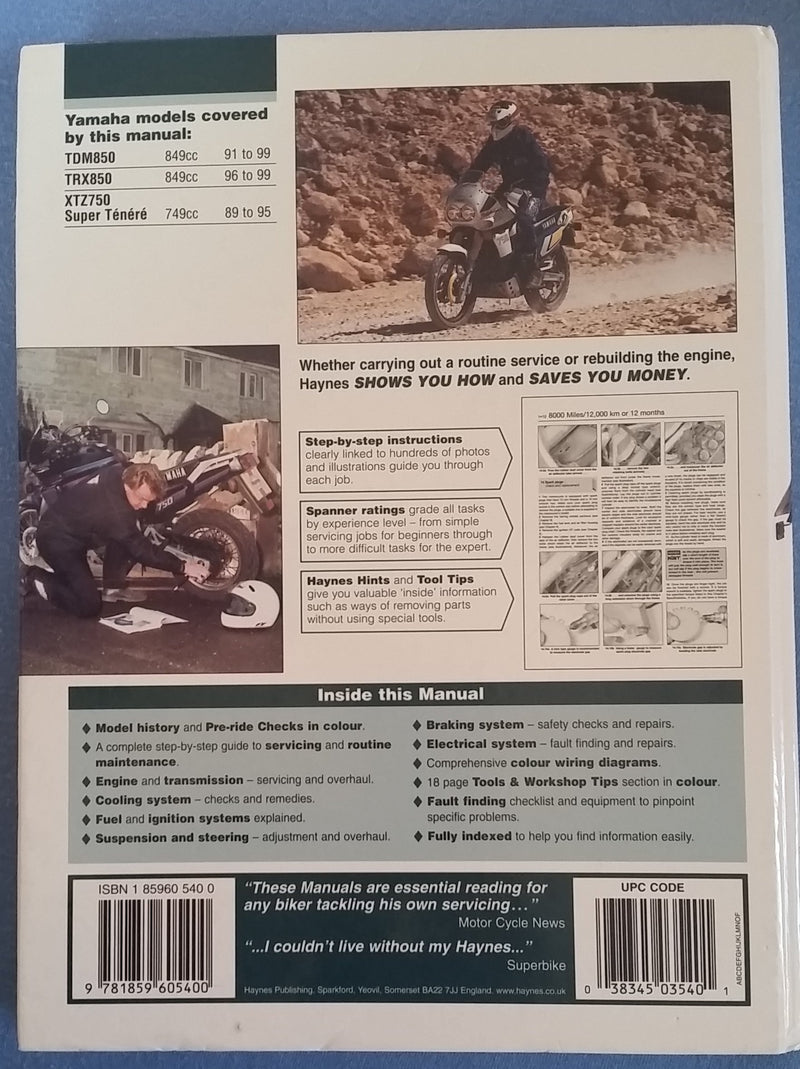 Yamaha: TDM850 & TRX850 '91 to '99  XTZ750 Super Tenere '89 to '95 (Haynes Service & Repair Manual),Used