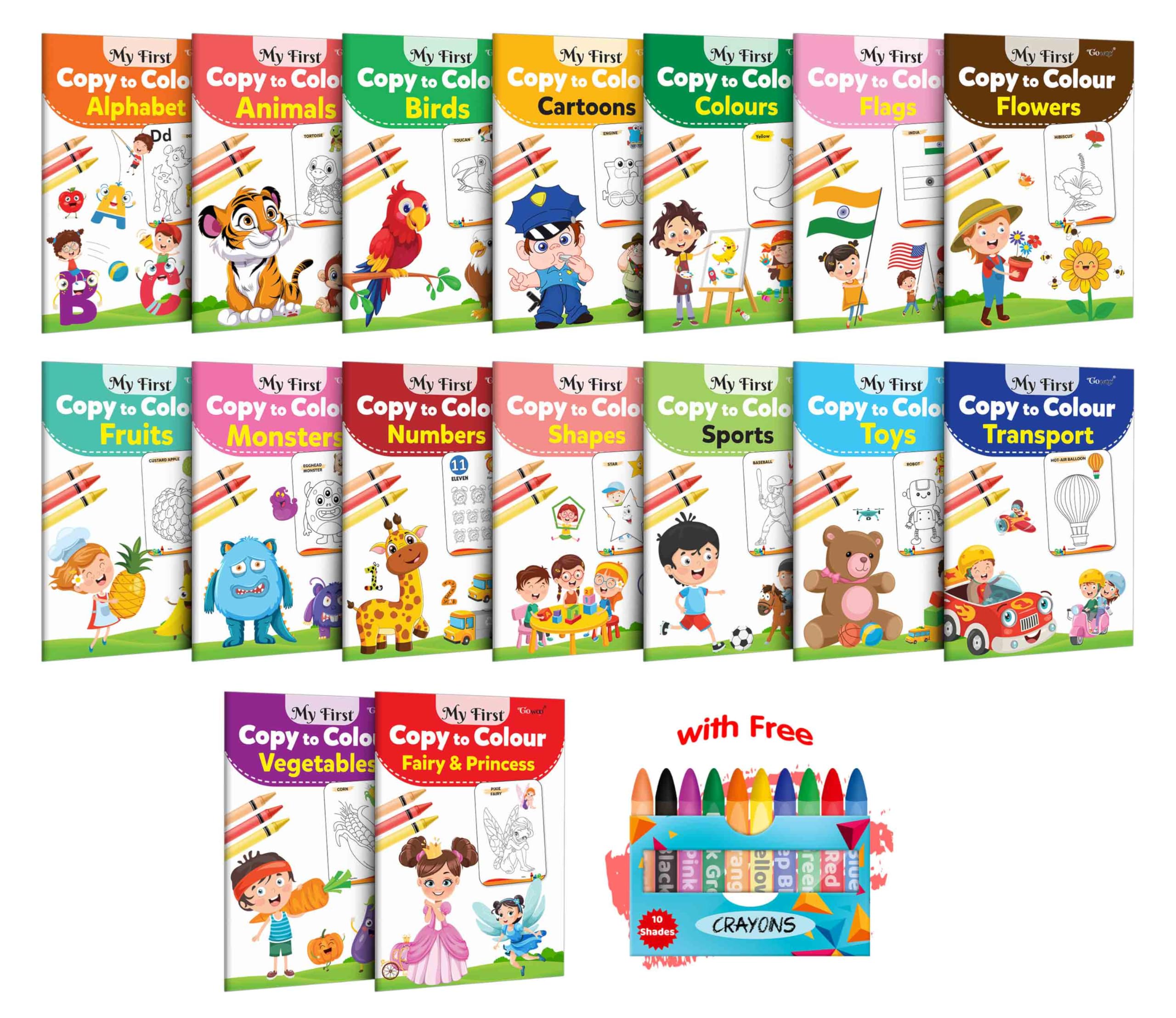 My First Copy To Colour -Alphabet, Animals, Birds, Cartoons, Colours, Monster, Flowers, Fruits, Numbers & More With 10 Wax Crayons : Kids Colouring Book, Copy Colour Book | Combo Of 16 Colouring Books