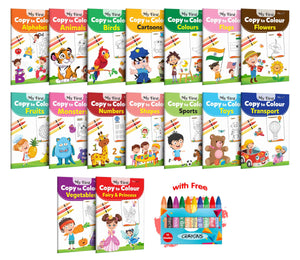 My First Copy To Colour -Alphabet, Animals, Birds, Cartoons, Colours, Monster, Flowers, Fruits, Numbers & More With 10 Wax Crayons : Kids Colouring Book, Copy Colour Book | Combo Of 16 Colouring Books