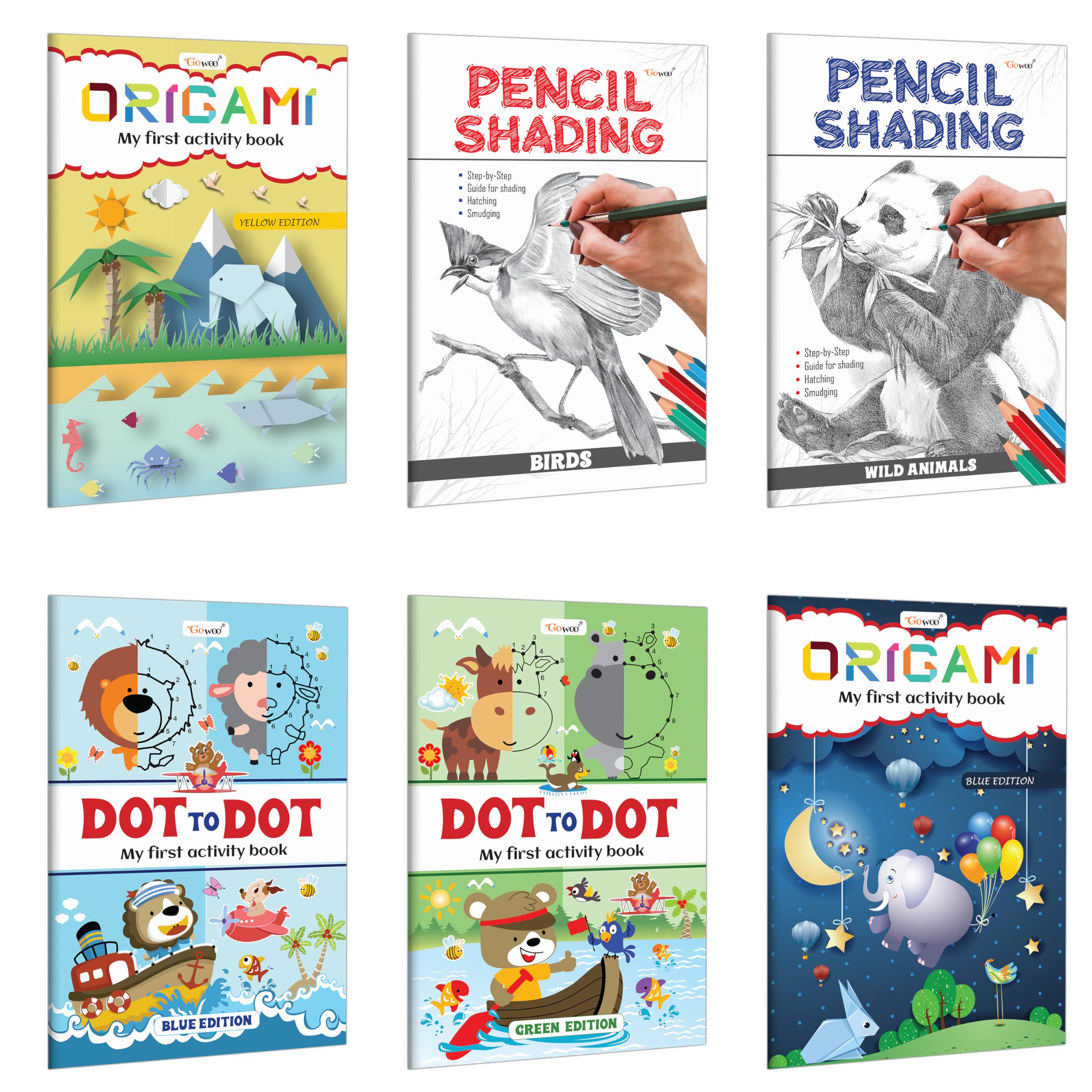 My First Activity Book - Dot To Dot And Origami (Blue And Green Edition), Pencil Shading - Birds And Wild Animals : Origami Activity Book, ChildrenS Drawing And Shading Books | Pack Of 6 Books