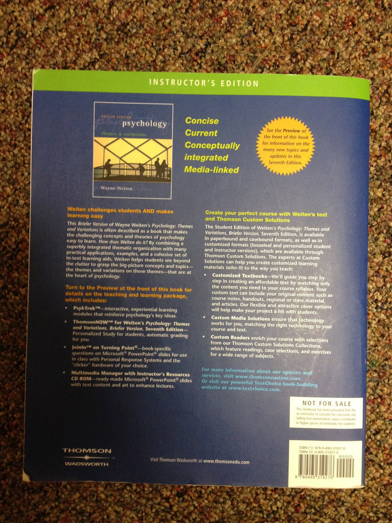 Psychology: Themes and Variations, Briefer Version, 7th Edition (Seventh Ed.) 7e, by Wayne Weiten,Used