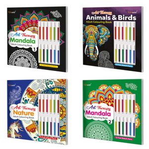 Art Therapy Mandala Adult Colouring Book-1, Book-2, Animals & Birds And Nature Adult Colouring Book | Combo Of 4 Adult Colouring Book | Nature Coloring Book, Adult Coloring Book.