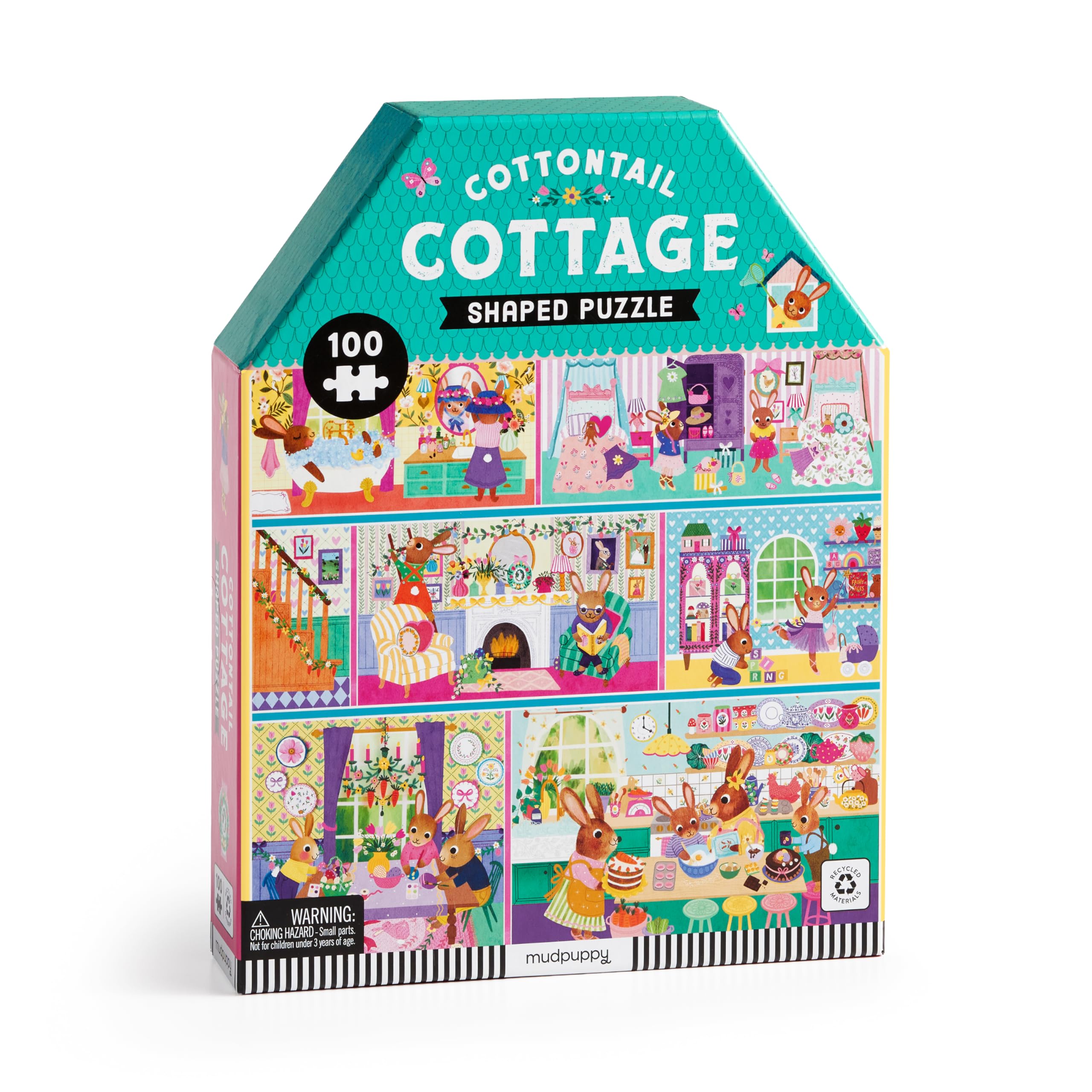 Mudpuppy Cottontail Cottage  100 Piece Unique House Shaped Scene Puzzle With Colorful And Fun Illustrations Of A Bunny Themed H
