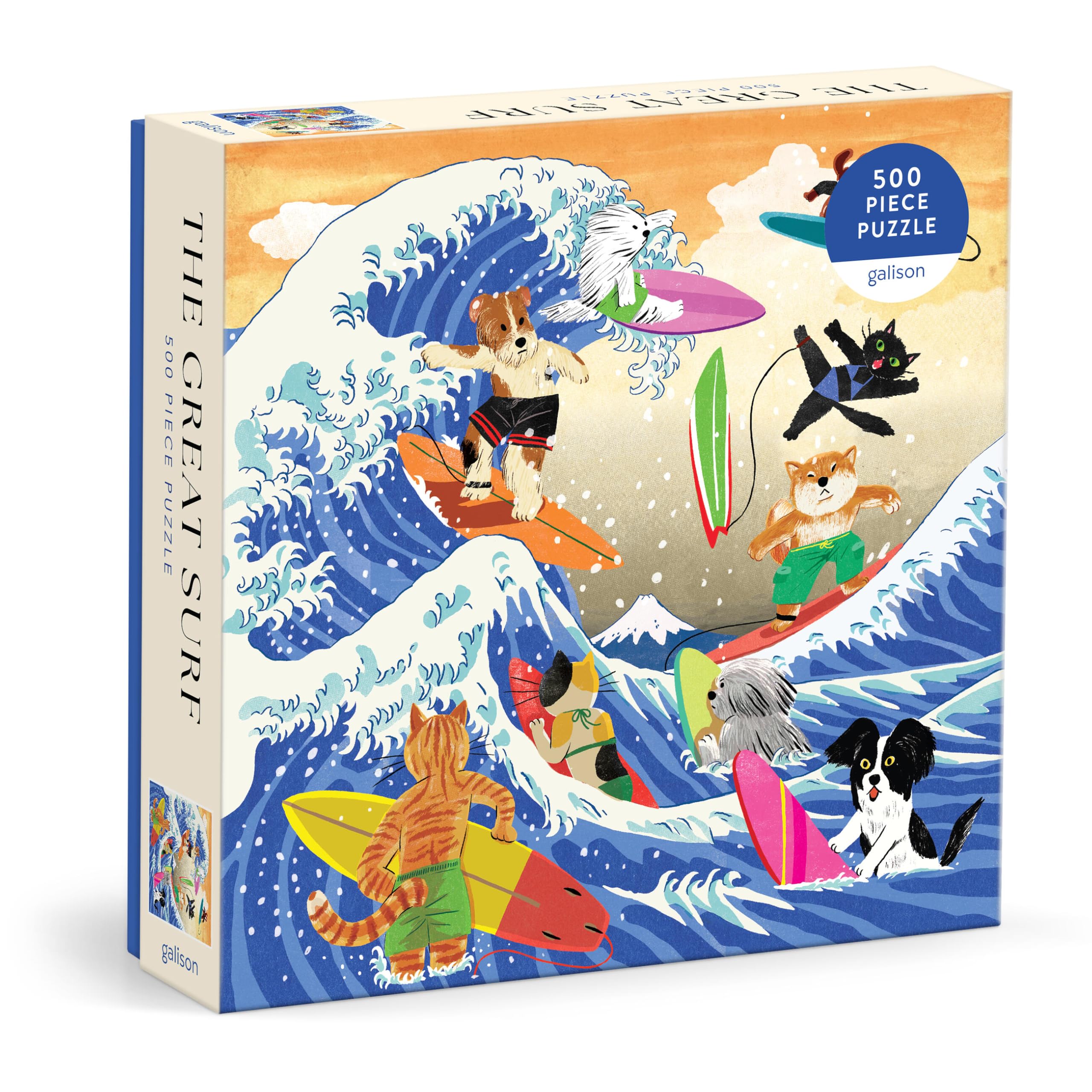 Galison The Great Surf  500 Piece Jigsaw Puzzle Featuring Beautiful Artwork Of Cats And Dogs Surfing Waves
