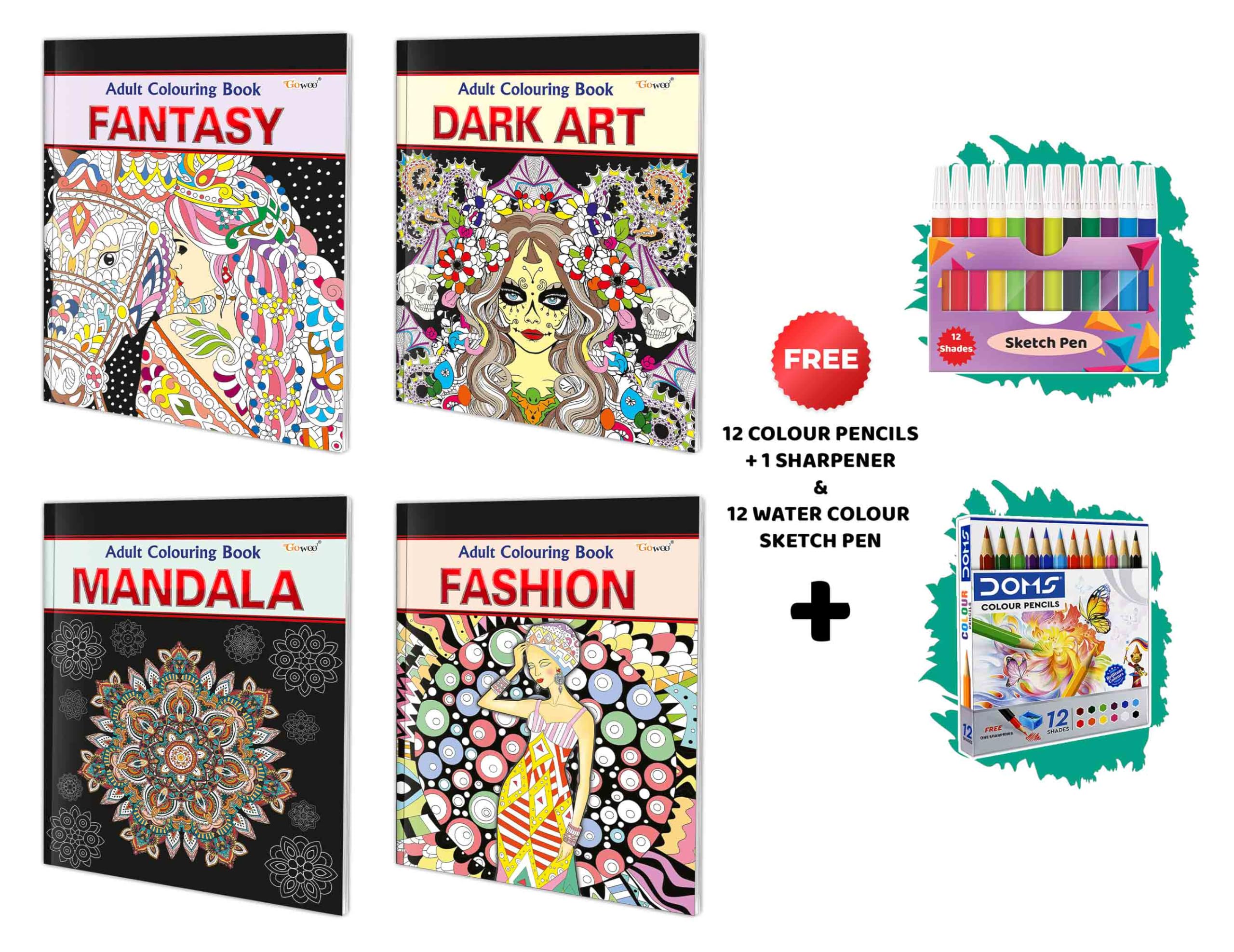 Fantasy, Dark Art, Mandala And Fashion - Adult Colouring Book With 12 Water Colour Sketch Pens And 12 Colour Pencils + 1 Sharpener | Pack Of 4 Adult Colouring Books