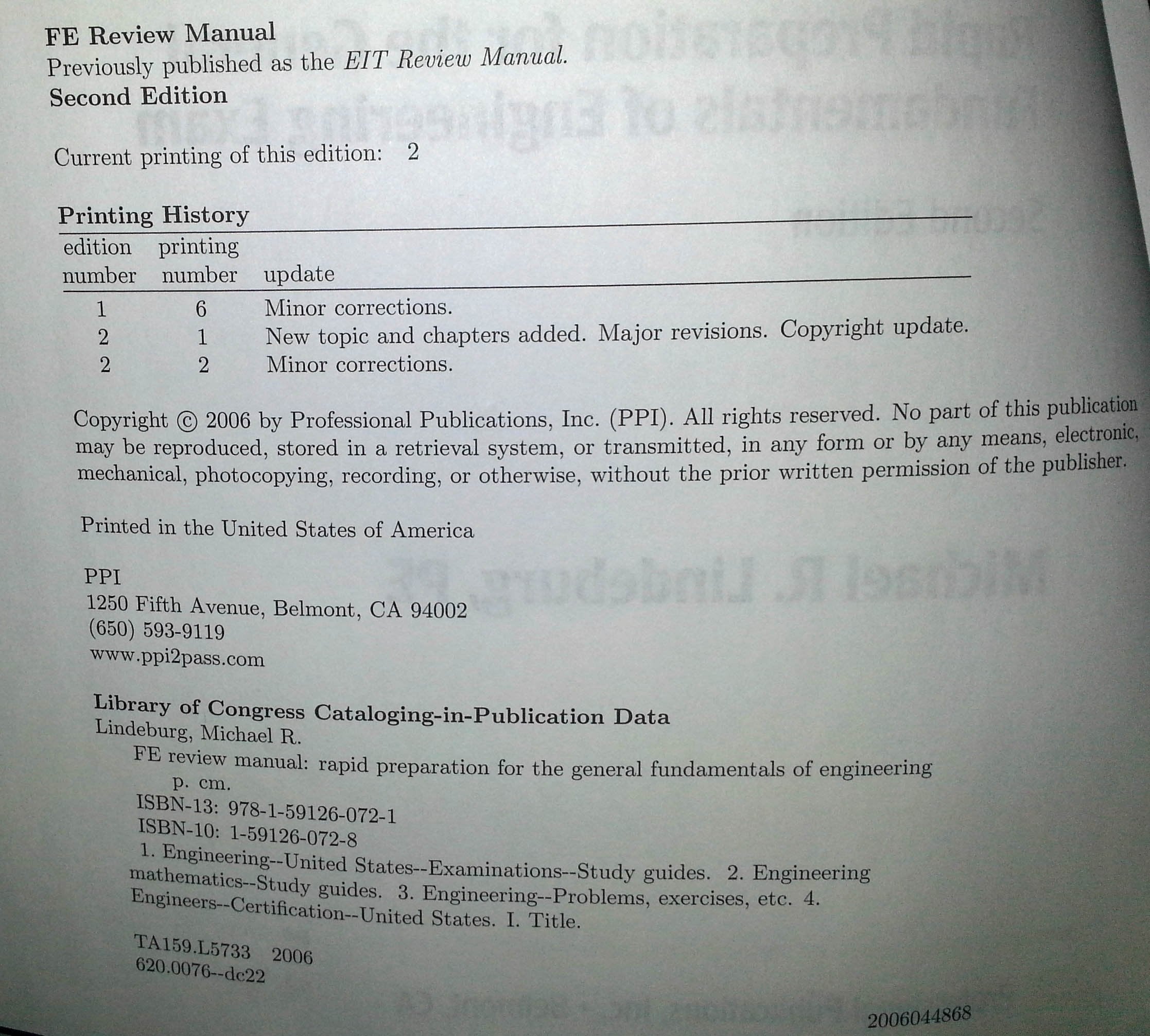 FE Review Manual: Rapid Preparation for the General Fundamentals of Engineering Exam (F E Review Manual), 2nd ed.,Used