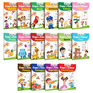 My First Copy To Colour - Alphabet, Animals, Birds, Cartoons, Colours, Monster, Flowers, Fruits, Numbers, Shapes And More : Children Colouring Book, Copy And Colour Book | Pack Of 16 Colouring Books