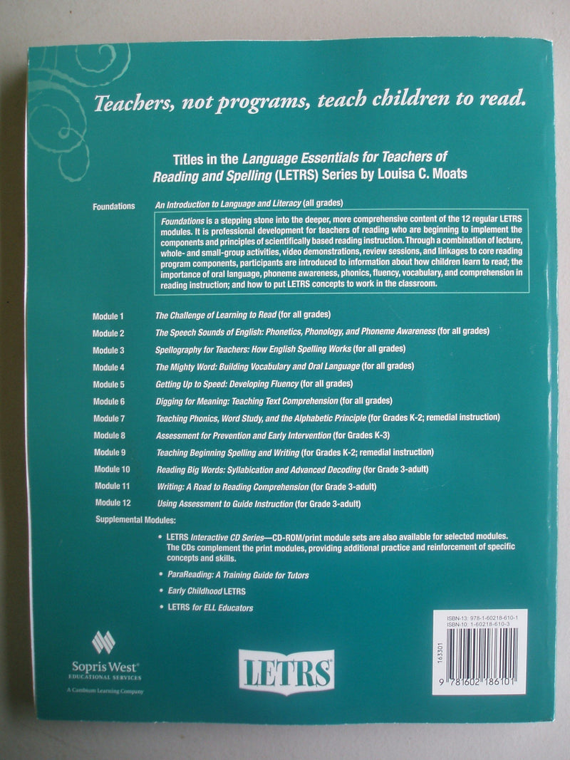 Letrs Foundations Book with Dvd of Videos,Used