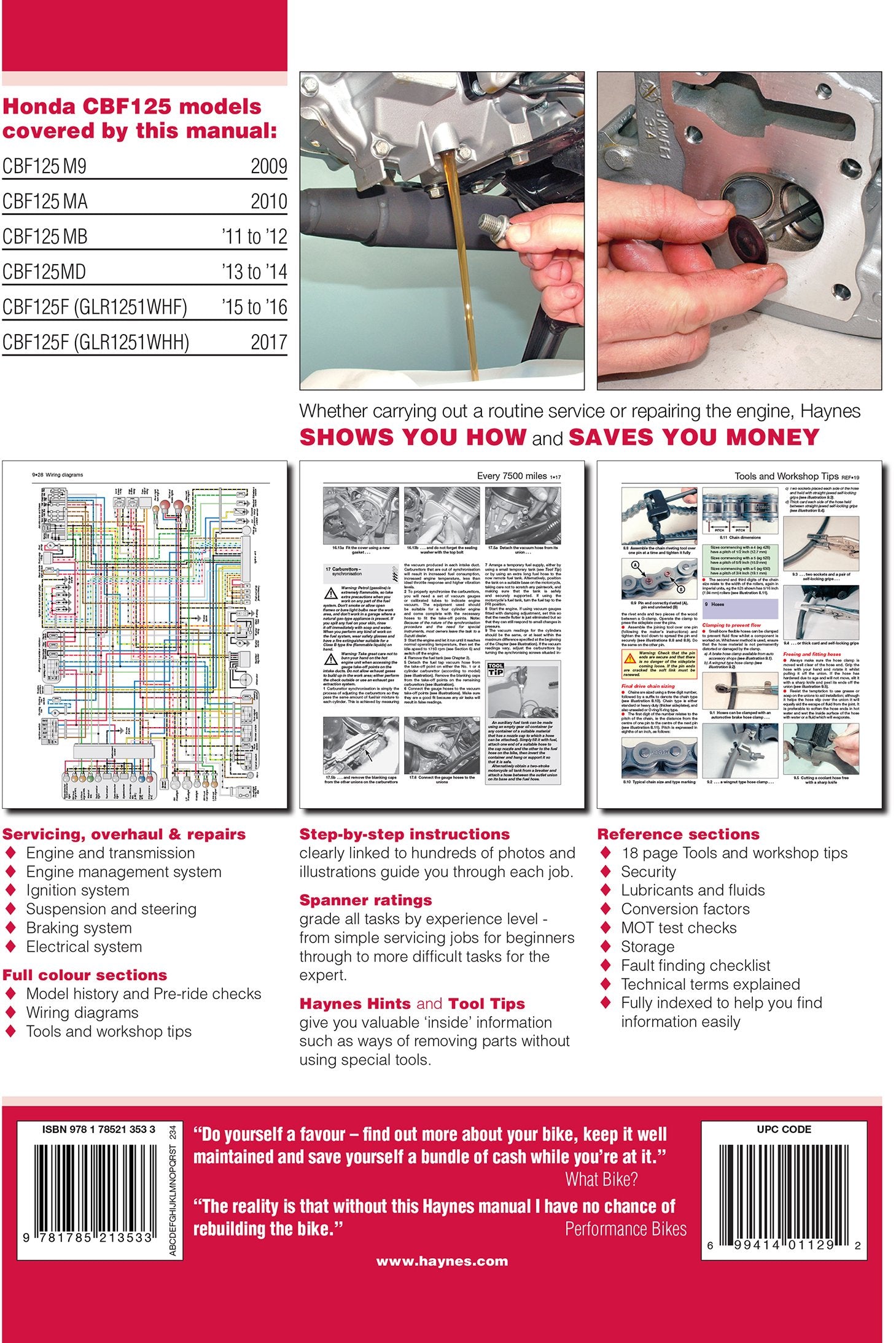 Honda CBF125 and CB125F: '09 to '17 (Haynes Service & Repair Manual),Used