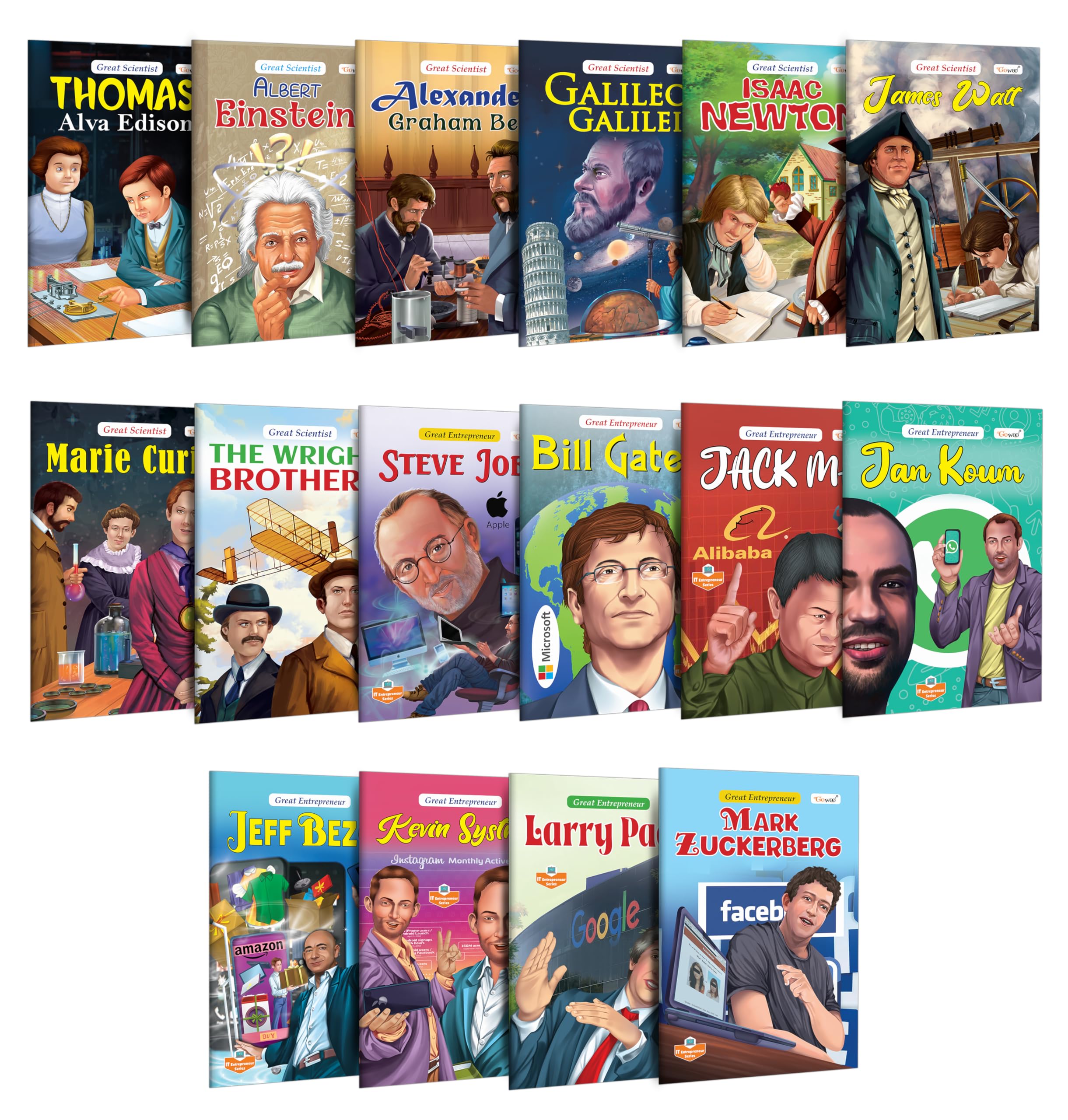 Great Enterpreneurs And Scientists Book :Bill Gates, Steve Jobs, Mark Zuckerberg, Albert Einstein, Alexander Graham Bell And More- Inspirational Stories For Kids, Storybooks For Young Kids(Pack Of 16)