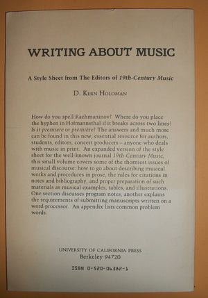 Writing About Music: A Style Sheet from the Editors of 19thCentury Music,Used