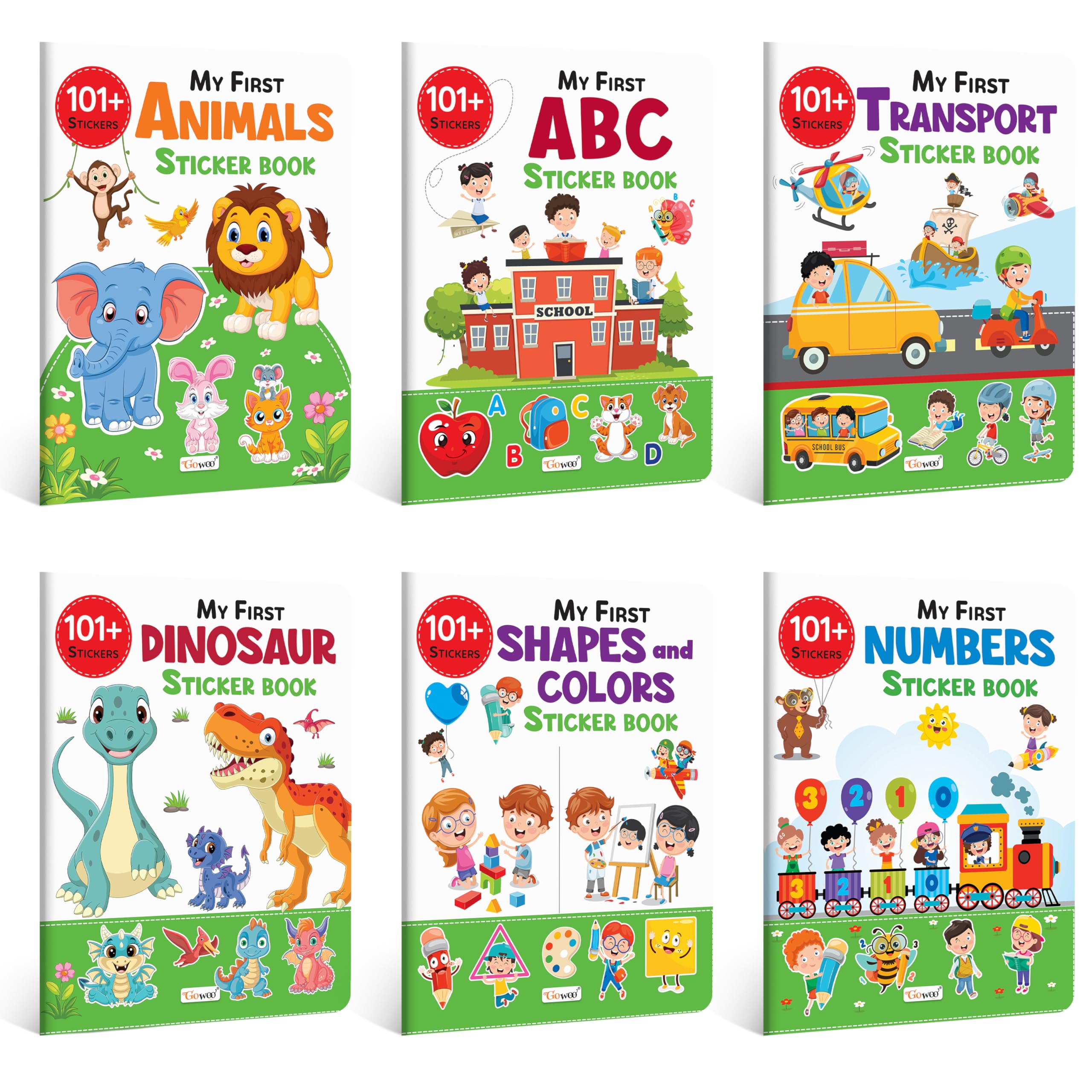 My First Abc, Animals, Numbers, Transport, Shapes & Colors And Dinosaur Sticker Book With 101+ Stickers | Combo Of 6 Sticker Books | Activity Book For Kids, Children Learning Books.