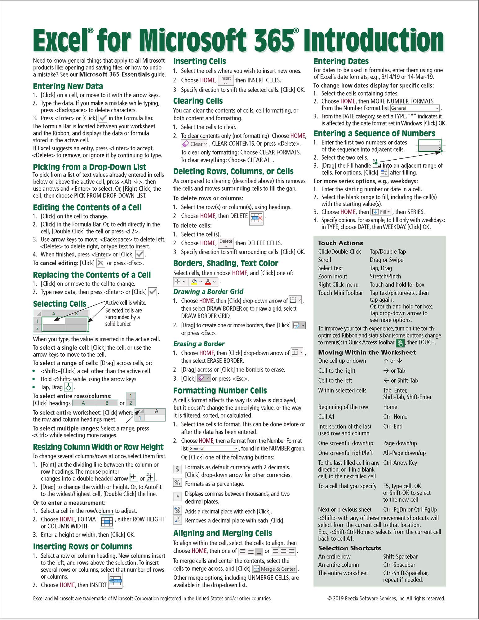 Excel For Microsoft 365 (Office 365) Introduction Quick Reference Guide  Windows Version (Cheat Sheet Of Instructions, Tips & S