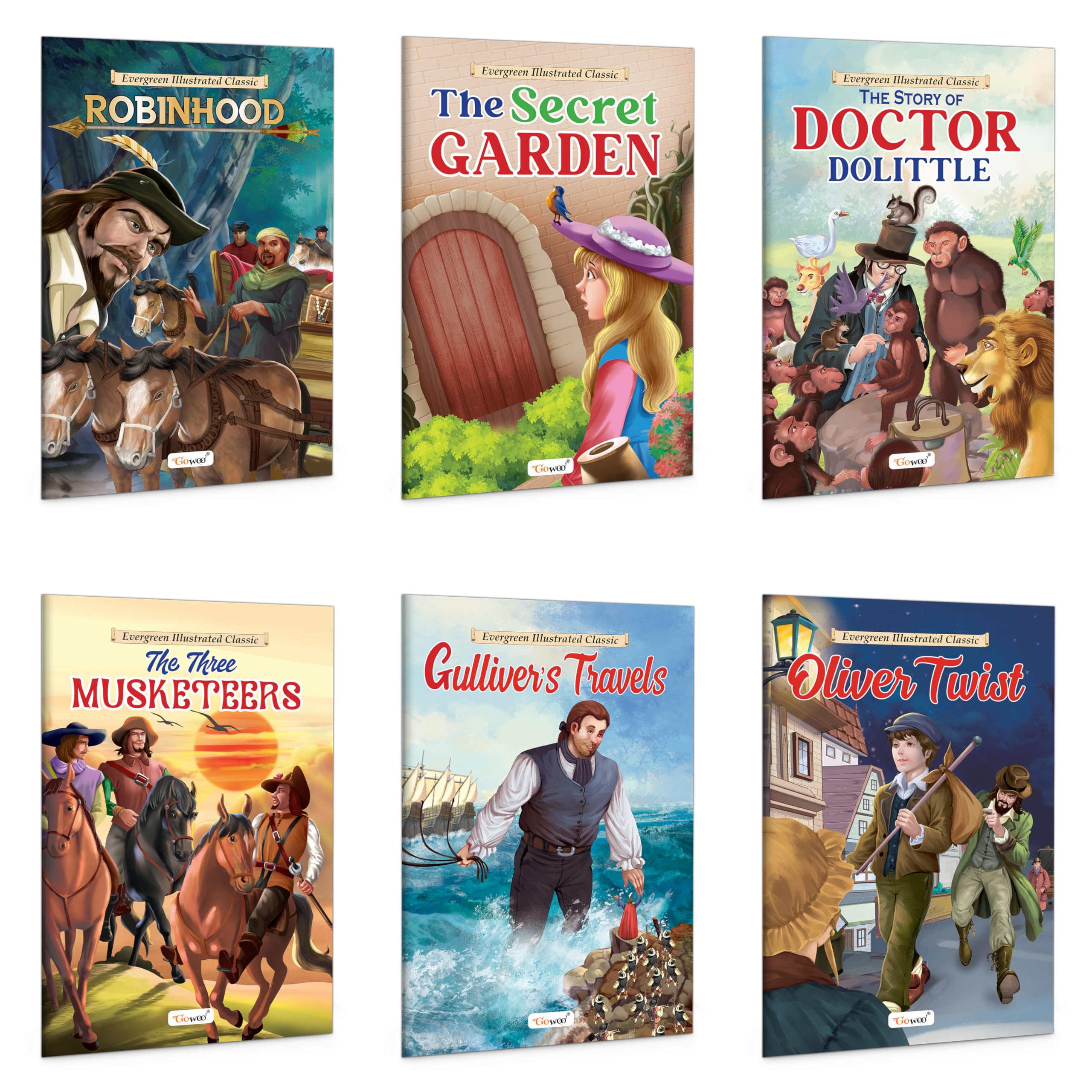 The Secret Garden, The Story Of Doctor Dolittle, The Three Musketeers, GulliverS Travels, Oliver Twist And Robin Hood Book : Children Learning Illustrated Books, Story Book For Kids | Pack Of 6 Books