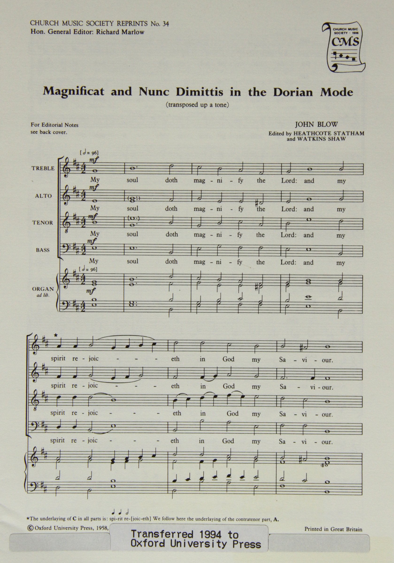 Magnificat and Nunc Dimittis in the Dorian Mode (Church Music Society publications),Used
