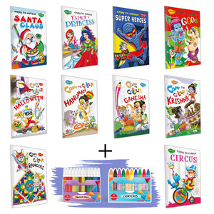 Set Of 10 Colouring Books| Santa Claus, Fairy & Princess, Super Heroes, Gods, Halloween, Hanuman, Ganesha, Krishna, Rangoli, Circus,10 Wax Crayons| Gift Set For Kids Set Of 10 Board Book
