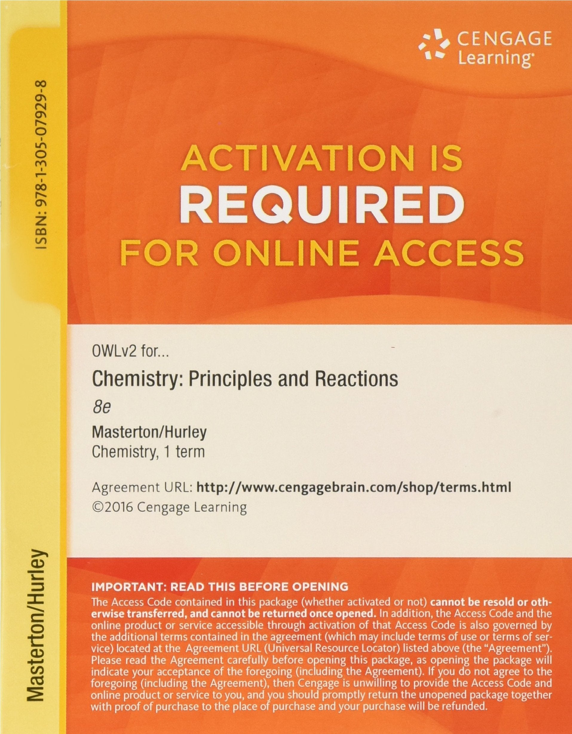 OWLv2, 1 term (6 months) Printed Access Card for Masterton/Hurley's Chemistry: Principles and Reactions, 8th,Used