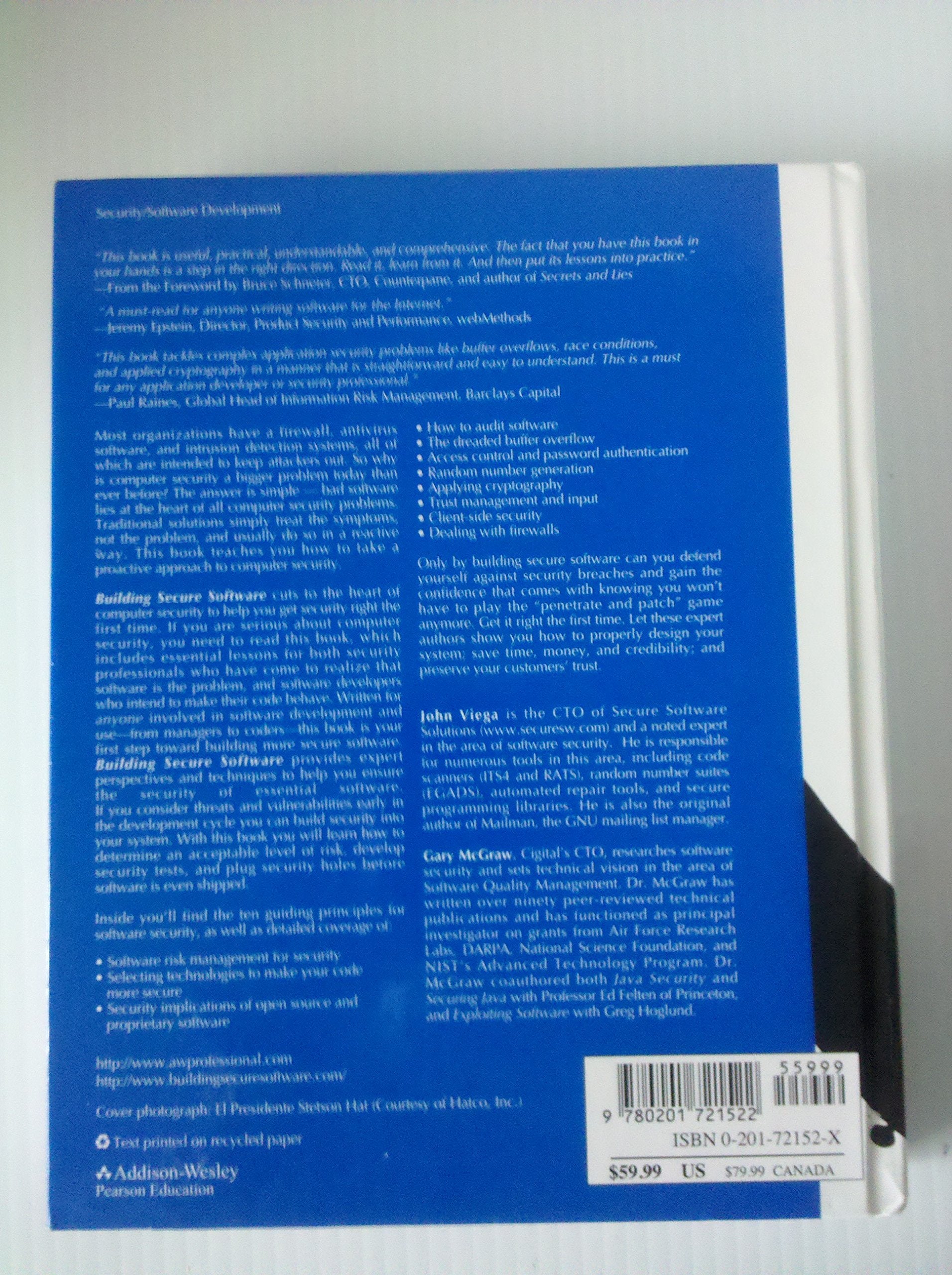 Building Secure Software: How to Avoid Security Problems the Right Way,Used