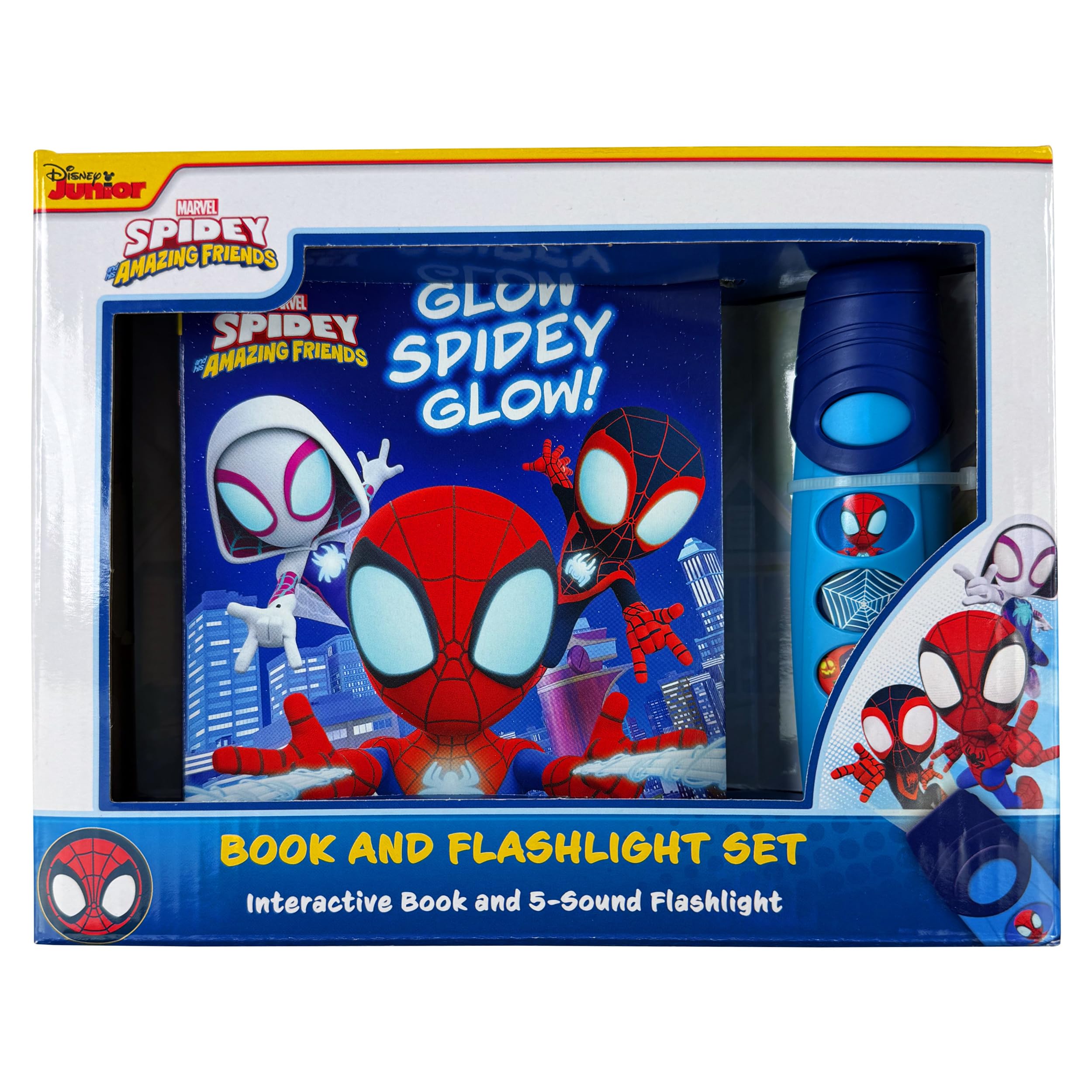 Disney Junior Marvel Spidey And His Amazing Friends  Glow Spidey Glow! Book And 5Sound Flashlight Set  SpiderMan  Pi Kids
