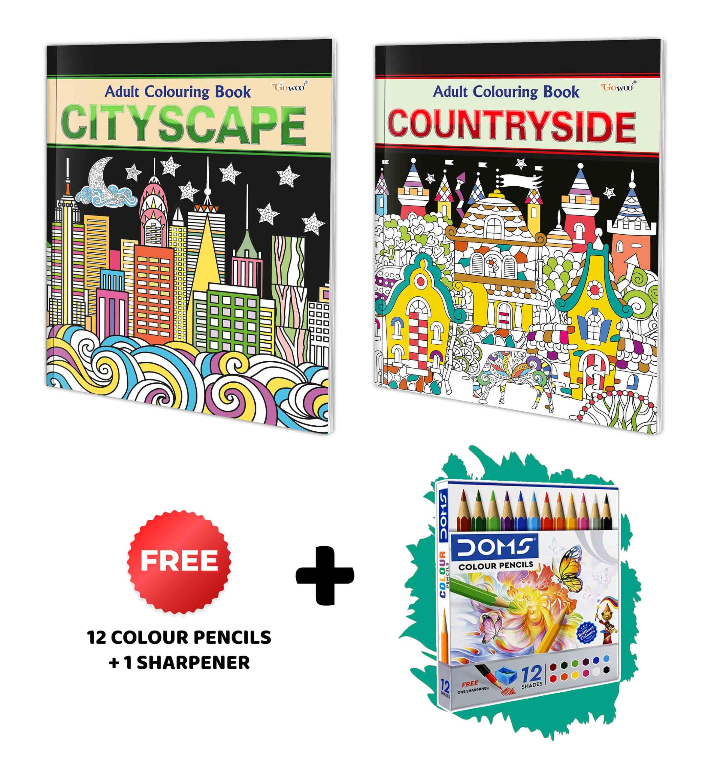 Cityscape And Countryside - Adult Colouring Book With 12 Colour Pencils + 1 Sharpener : Colouring Kit For Adults, Relaxing Coloring Book, Coloring Book For Adults | Pack Of 2 Adult Colouring Books