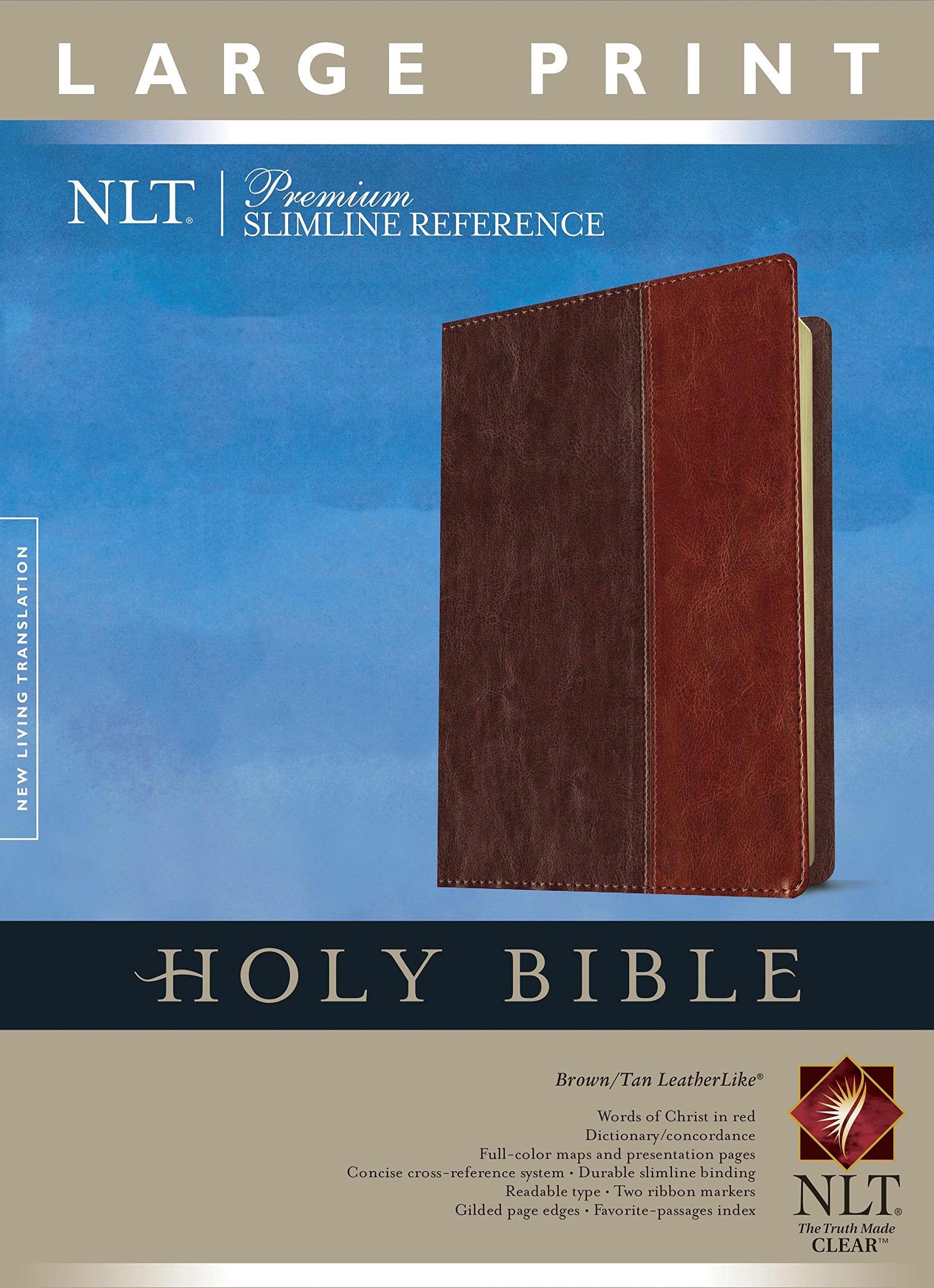 Premium Slimline Reference Bible NLT, Large Print, TuTone (Red Letter, LeatherLike, Brown/Tan),Used