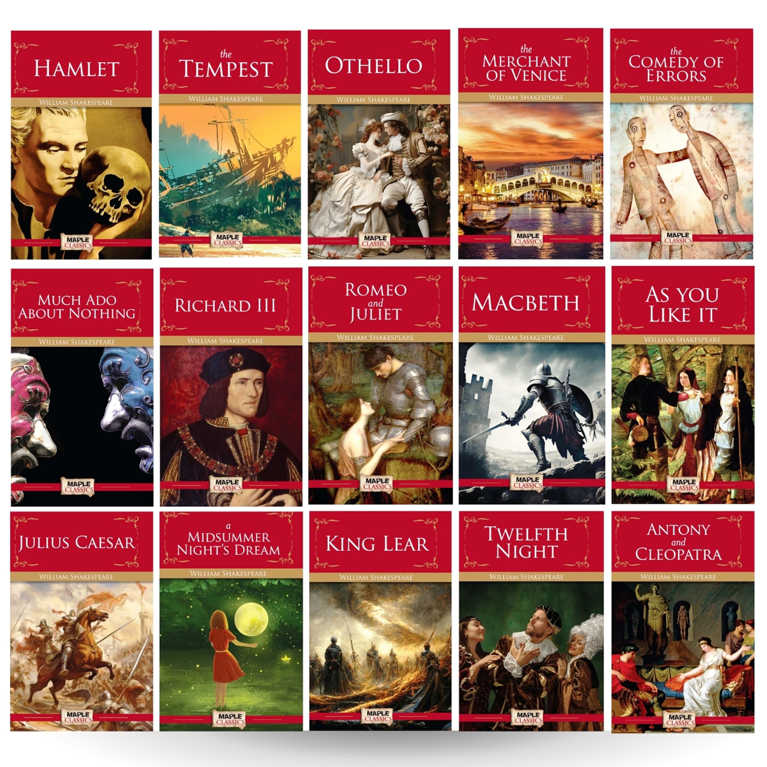 William Shakespeare (Set Of 15 Books) - Hamlet, The Tempest, Othello, The Merchant Of Venice, The Comedy Of Errors, Richard Iii, Much Ado About ... Dream, Antony And Cleopatra, Twelfth Night