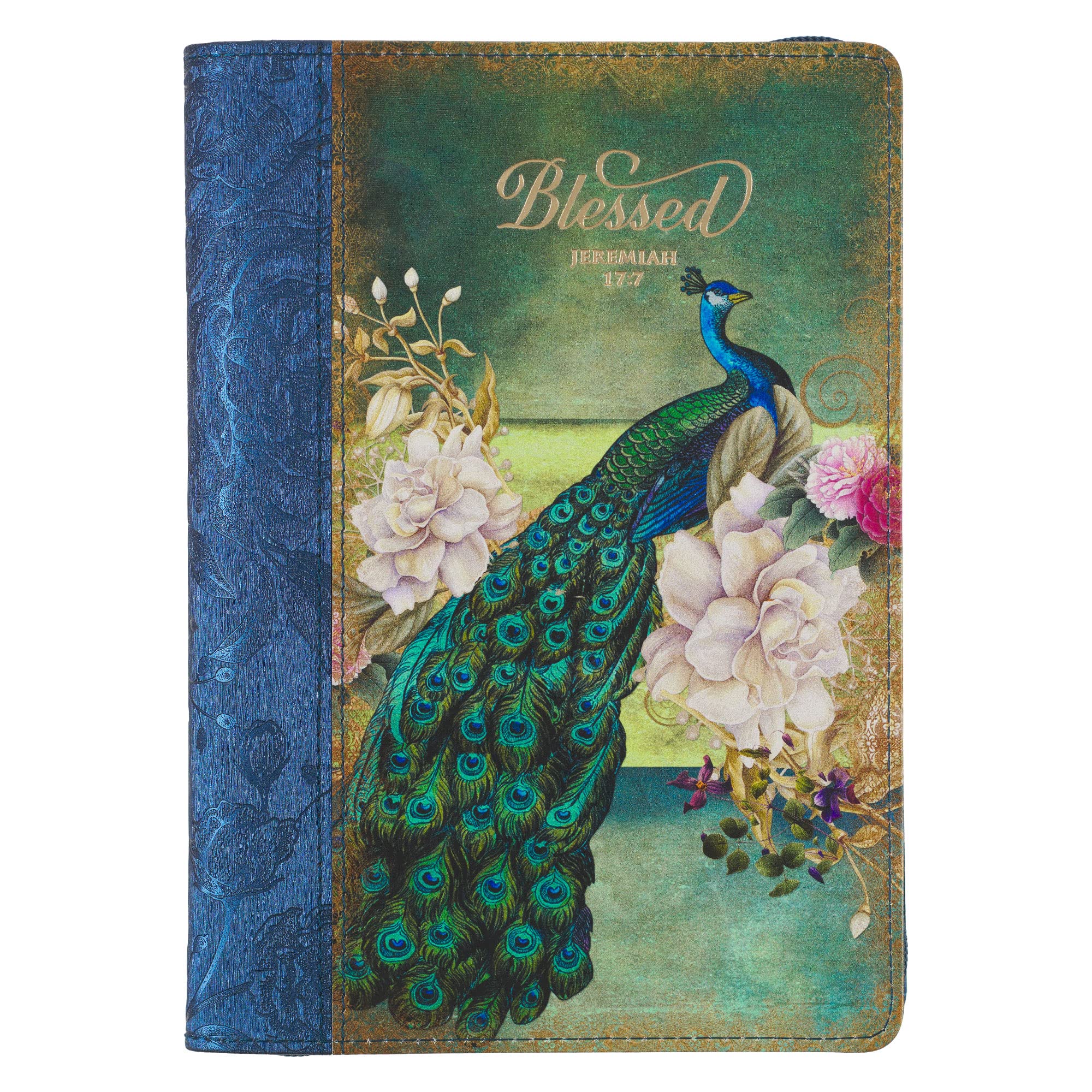 Christian Art Gifts Scripture Journal Blue/Peacock Printed Blessed Jeremiah 17:7 Bible Verse Inspirational Faux Leather Notebook