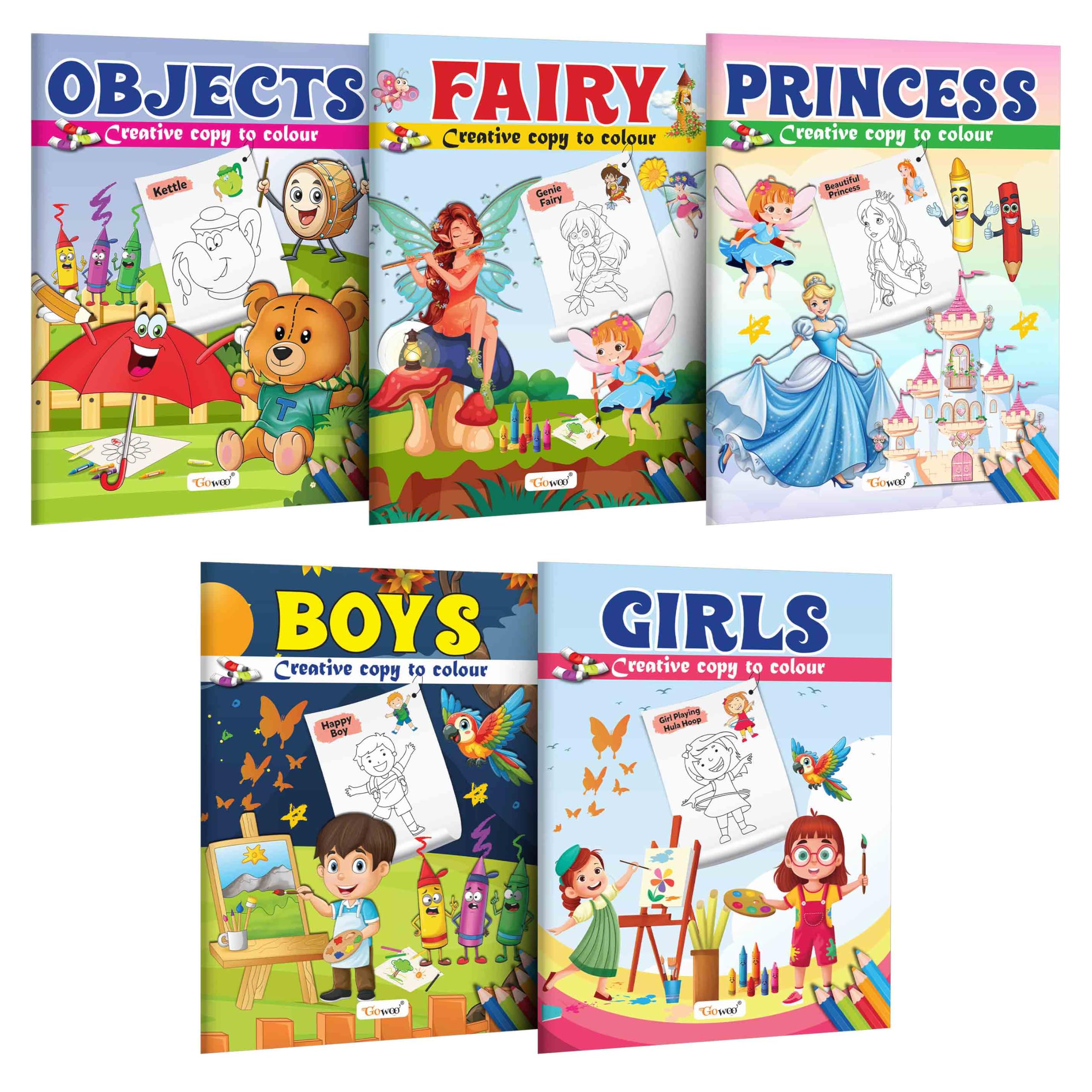 Objects, Fairy, Princess, Boys And Girl - Creative Copy To Colour Book : Preschool Coloring Book, Colour Picture Book, Coloring Book For Early Learners For Ages 3-12 | Combo Of 5 Copy Colouring Books