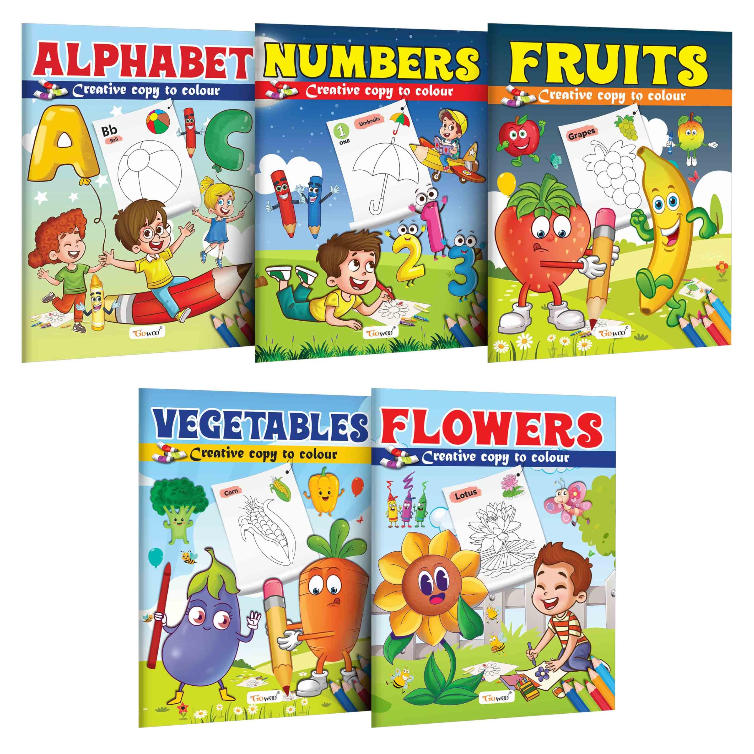 Alphabet, Numbers, Fruits, Vegetables And Flowers - Creative Copy To Colour Book : Picture Coloring Book For Early Learners, Copy To Colour Book | Combo Of 5 Copy Colouring Books