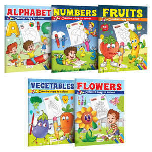 Alphabet, Numbers, Fruits, Vegetables And Flowers - Creative Copy To Colour Book : Picture Coloring Book For Early Learners, Copy To Colour Book | Combo Of 5 Copy Colouring Books