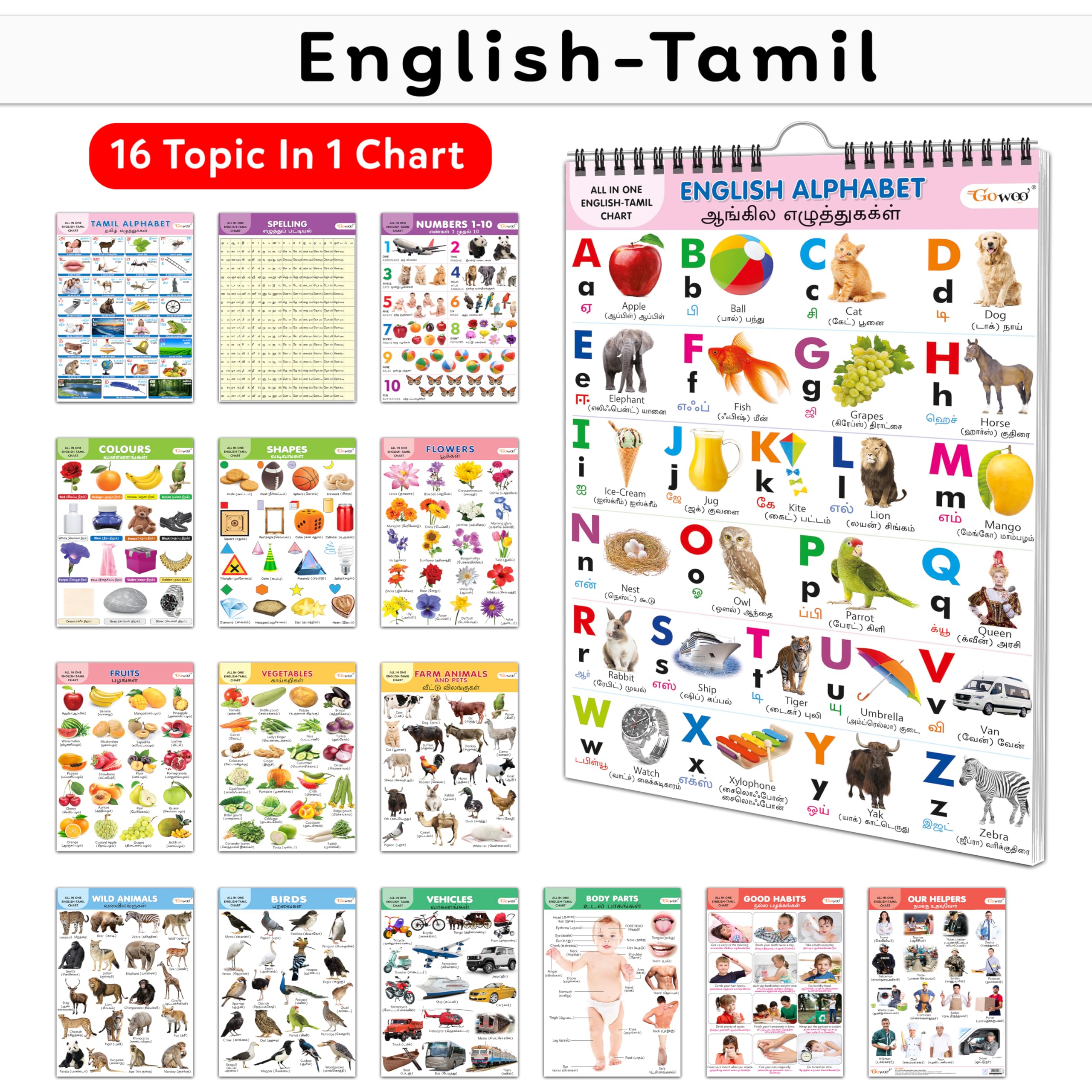 My First All In One Spiral Chart English-Tamil : Kids First Little Library, Chart For Kids, Early Learning Chart, Picture Chart Collection With 16 Topics, Gift For Best Friend