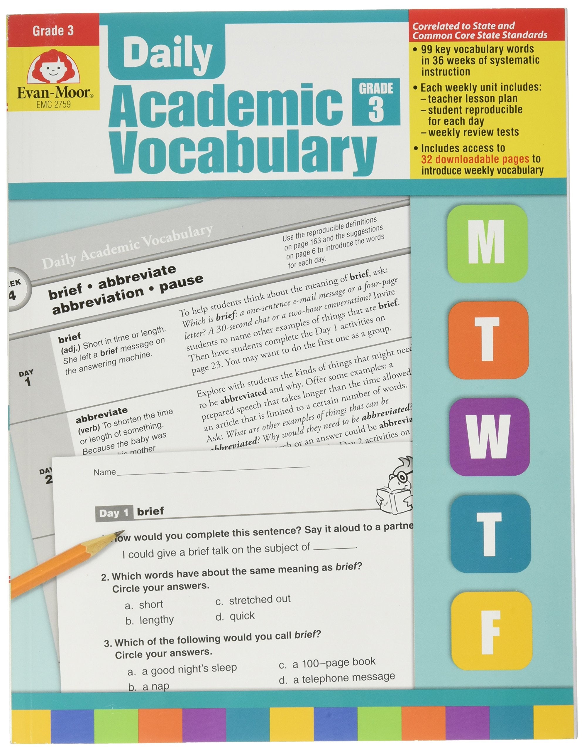 EVANMOOR Book Daily Academic Vocabulary Grade 3, 8.5 H x 11.0 L x 0.36 W,Used