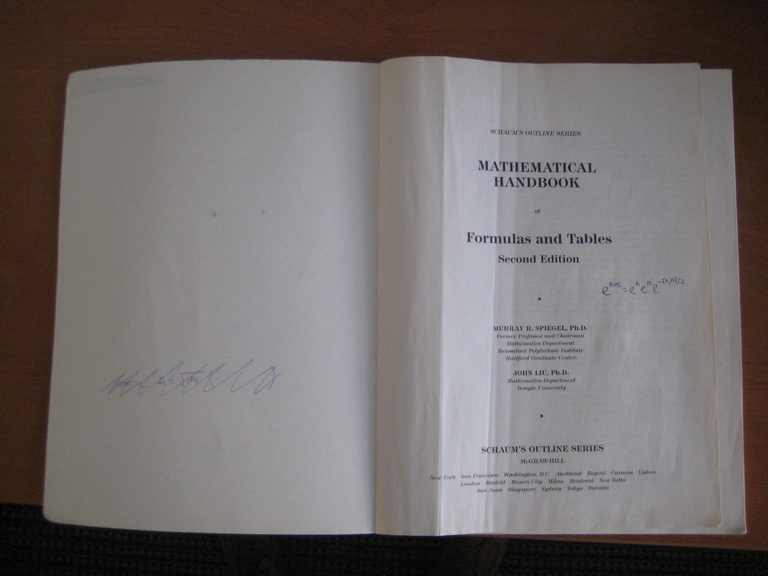 Schaum's Mathematical Handbook of Formulas and Tables,New