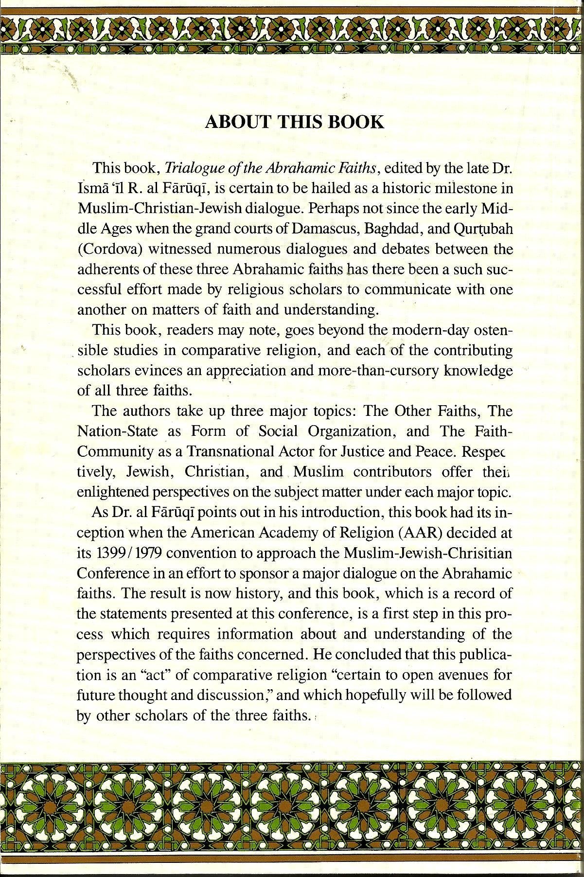 Trialogue of Abrahamic Faiths: Papers Presented to the Islamic Studies Group of American Academy of Religion (Issues of Islamic ,Used