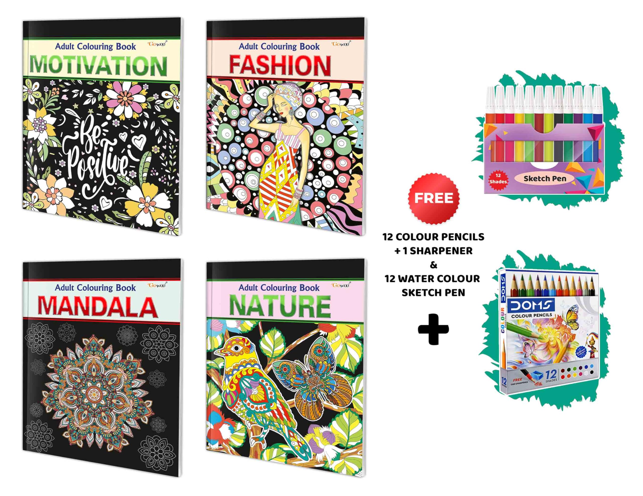 Motivation, Fashion, Mandala And Nature - Adult Colouring Book With 12 Water Colour Sketch Pens And 12 Colour Pencils + 1 Sharpener : Art Coloring Book For Adults | Combo Of 4 Adult Colouring Book