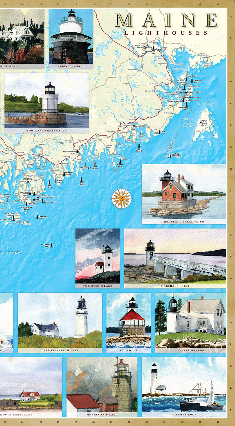 Maine Lighthouses Illustrated Map & Guide,Used