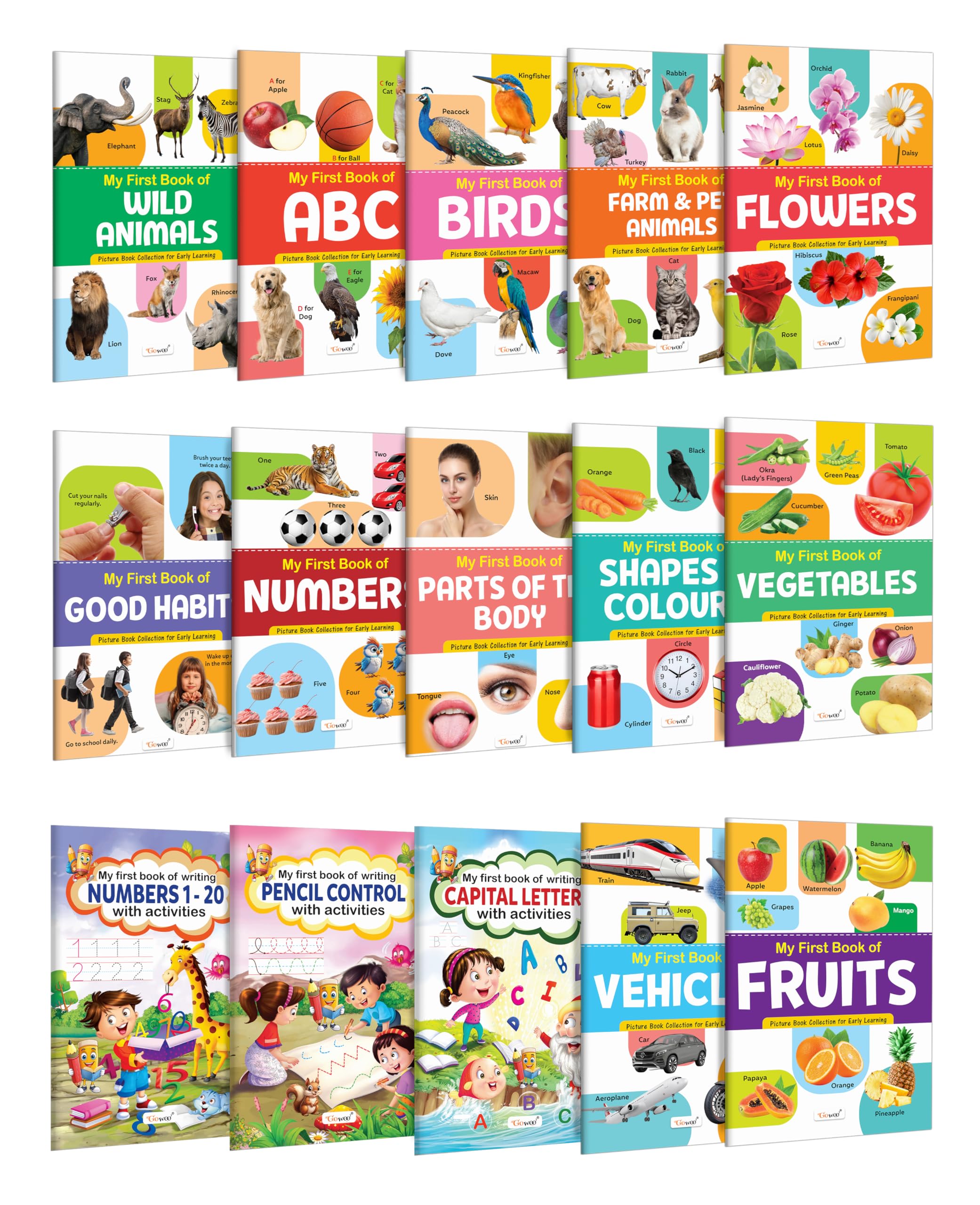 My First Book Of Abc, Numbers, Fruits And More, My First Book Of Writing Activities Books : Early Education Books, Fun Colouring Book, Kids Copy And Colour Activity Book | Pack Of 15 Books