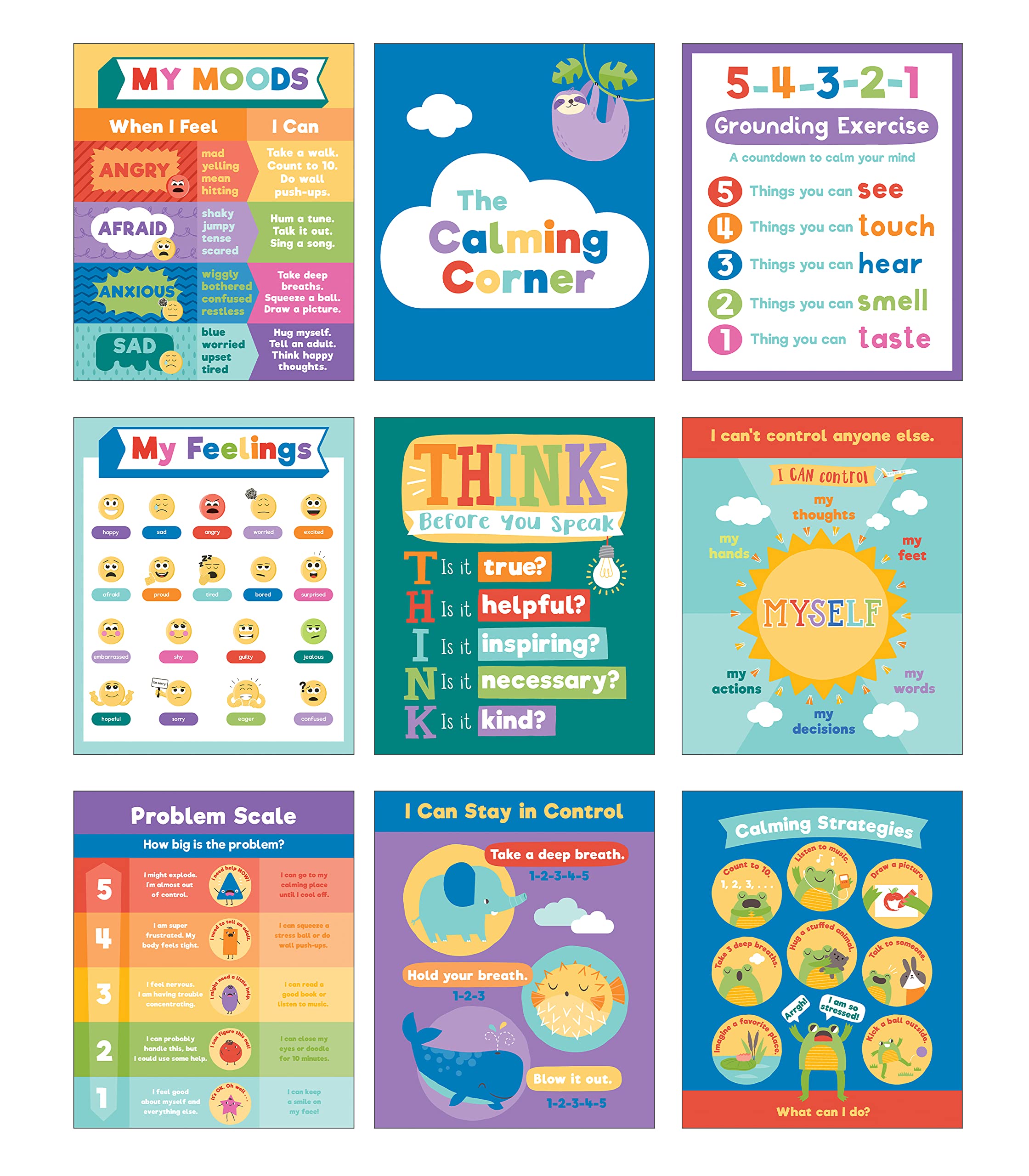 Carson Dellosa Pack of 9 Calm Down Corner Posters for Classroom, Bulletin Board Sets, Kids Set, Calm Down Corner Supplies, Color,New