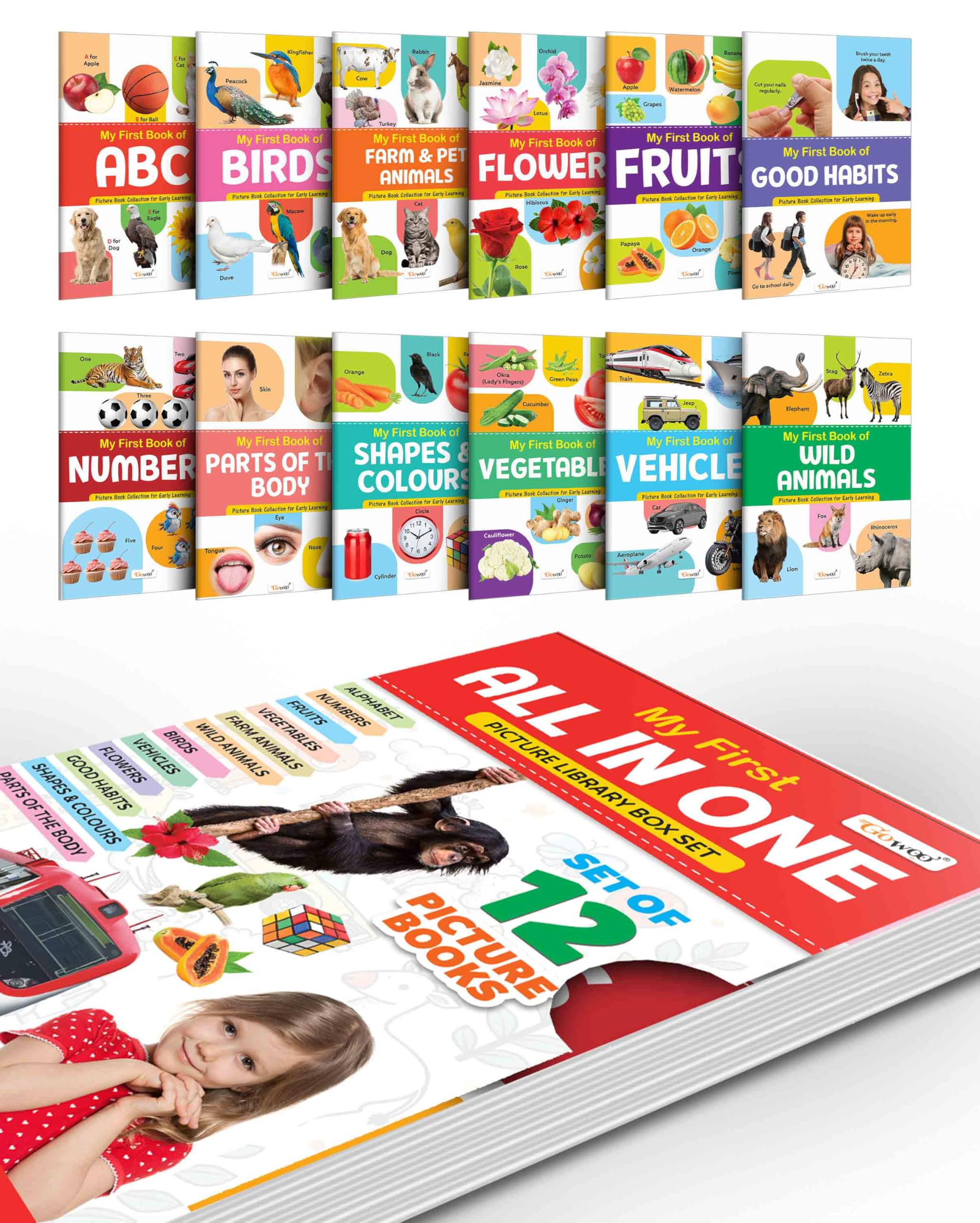Toddlers Learning Library Box Set (Red Edition) : Learning Board Book For Kids, My First All In One Picture Library Box, Library Box Set Of 12 Books For Children