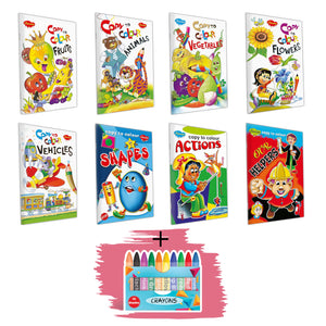 Set Of 8 Colouring Books | Fruits,Animals, Vegetables,Flowers, Vehicles,Shapes, Actions,Our Helpers,10 Wax Crayons| Colour Books For Children