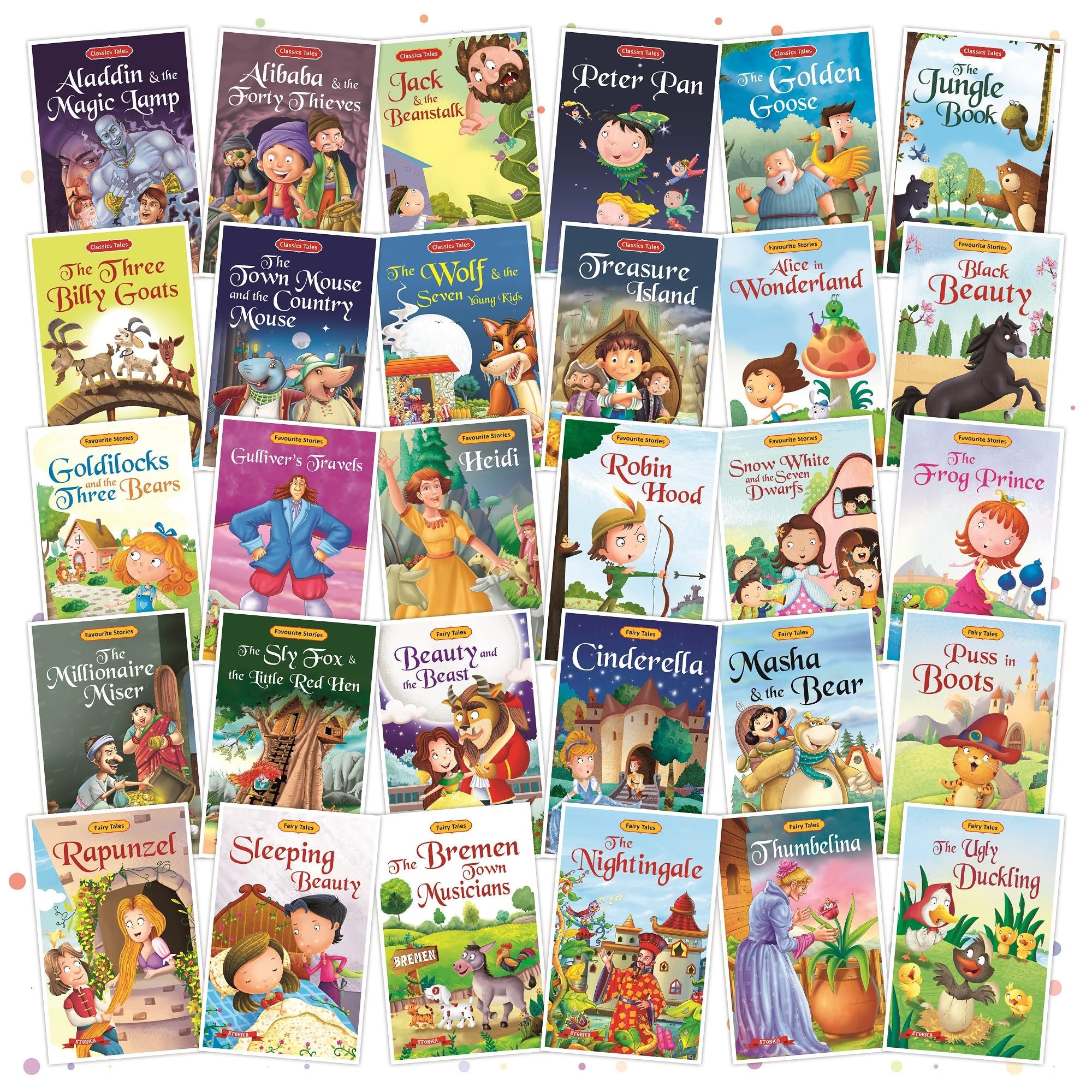 Set Of 30 Classic Tales, Favourite & Fairy Tales Story Books | English Short Stories Books For 3+ | Cindrella, Rapunzel, Aladdin, Alibaba, Jungle Book, Snow White, Alice In Wonderland & Others