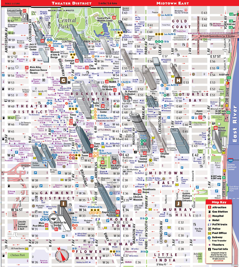 StreetSmart NYC Map Midtown Edition by Van DamLaminated pocket city street map of Manhattan w/ all attractions, museums, sights,Used